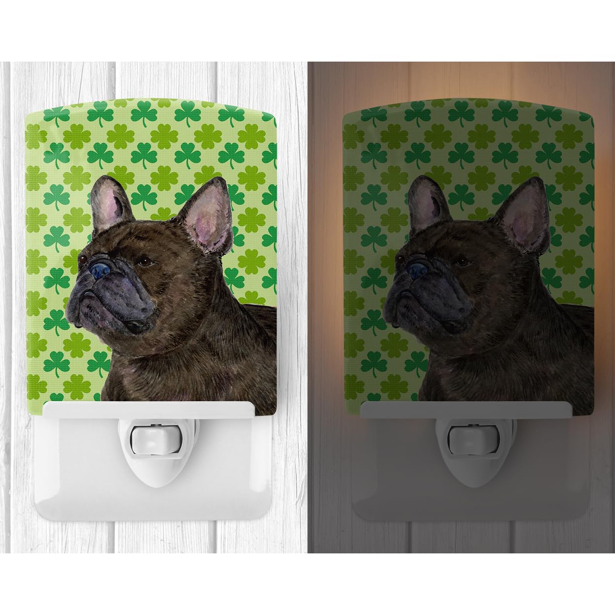 Caroline'S Treasures Ss4450Cnl French Bulldog St. Patrick'S Day Shamrock Portrait Ceramic Night Light Compact, Ul-Certified, Ideal For Bedroom, Bathroom, Nursery, Hallway, Kitchen, 6X4X3, Multicolor