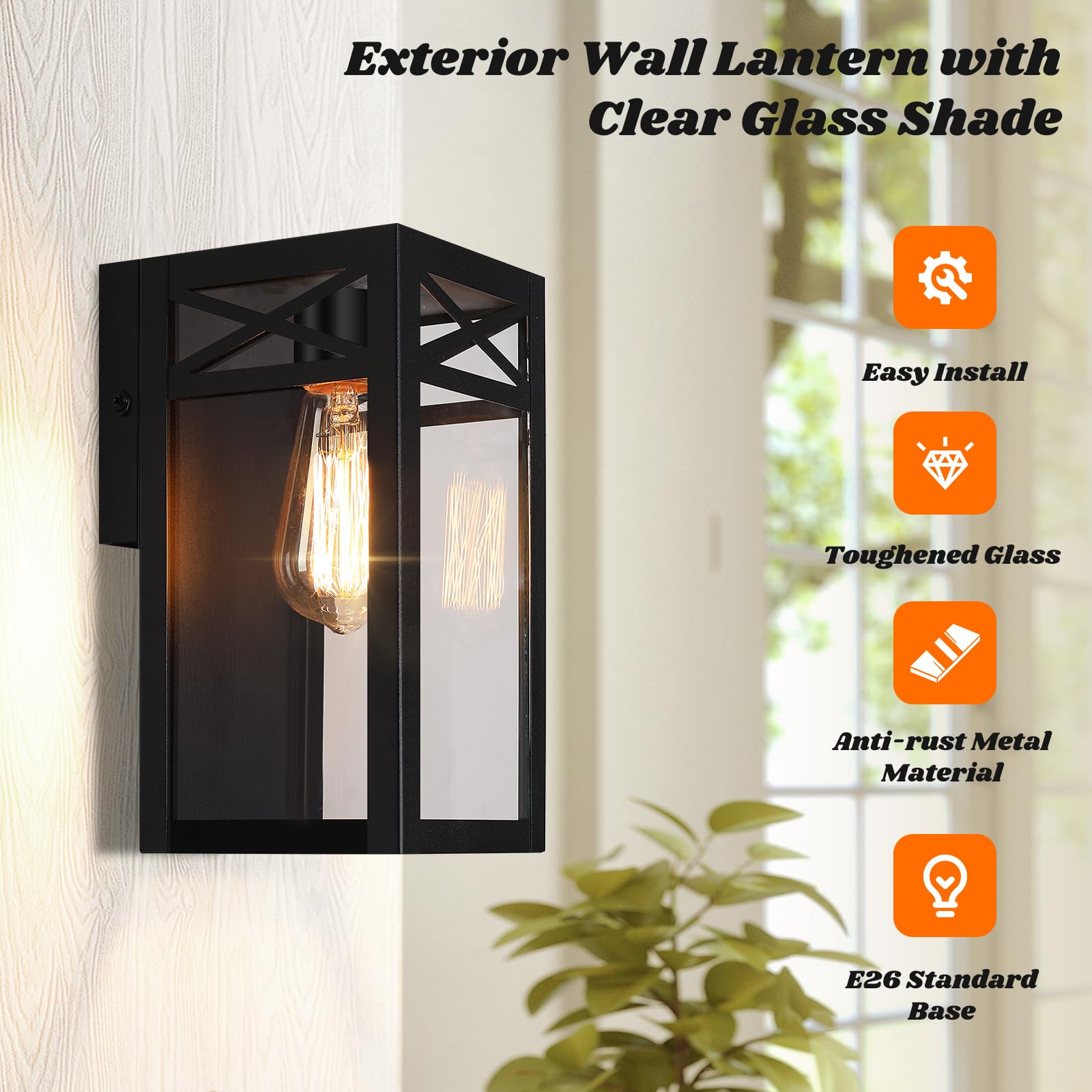 VerRon Outdoor Wall Light Fixtures, Black Waterproof Lanterns, Metal Sconces, E26 Socket, 2-Pack