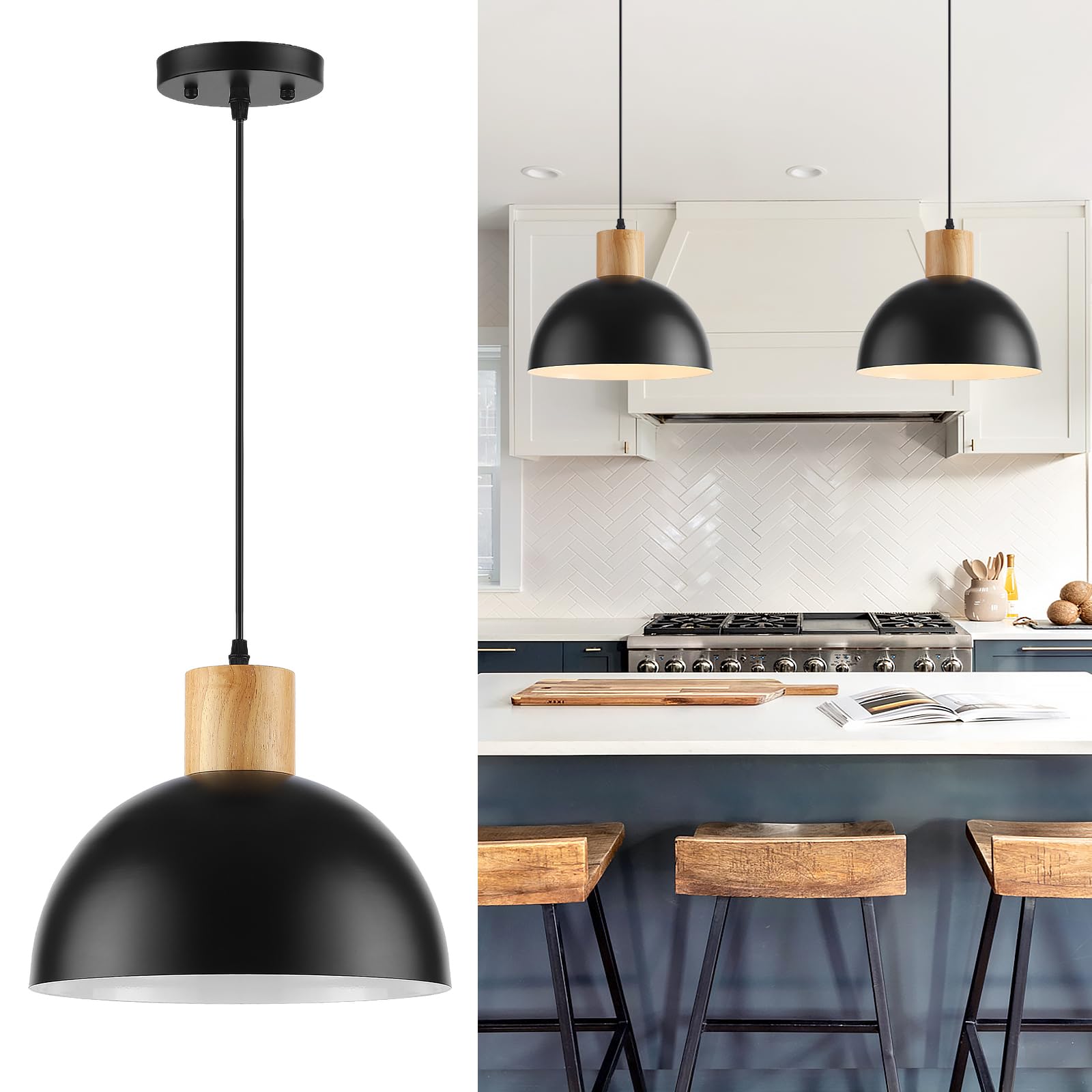 QianZhan Black Solid Wood Pendant Light, 11.8'' Dome Pendant Lights Fixtures Adjustable Modern Hanging Lighting,for Kitchen Isla