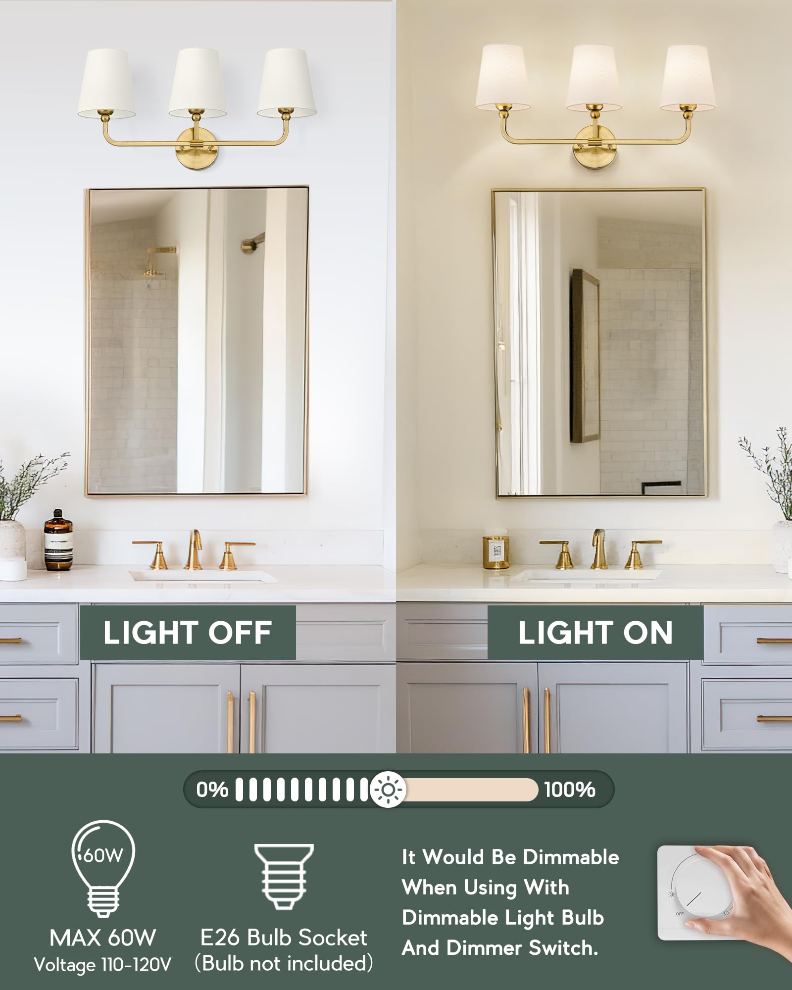 METWET 3-Light Bathroom Light Fixtures, Brushed Gold Vanity Sconces with Beige Fabric Shade, Model VL837-BG-B-3