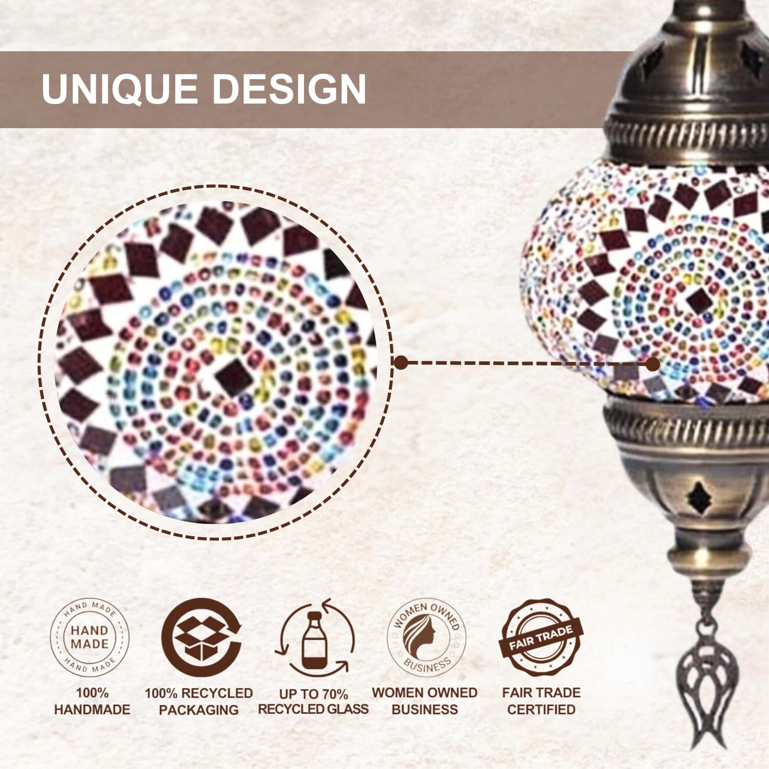 Kafthan Turkish Moroccan Mosaic Lamp - Handmade Glass Bedside Lamp, Antique Brass Base, Multicolor Center Circle, Model KH-MSNML48908