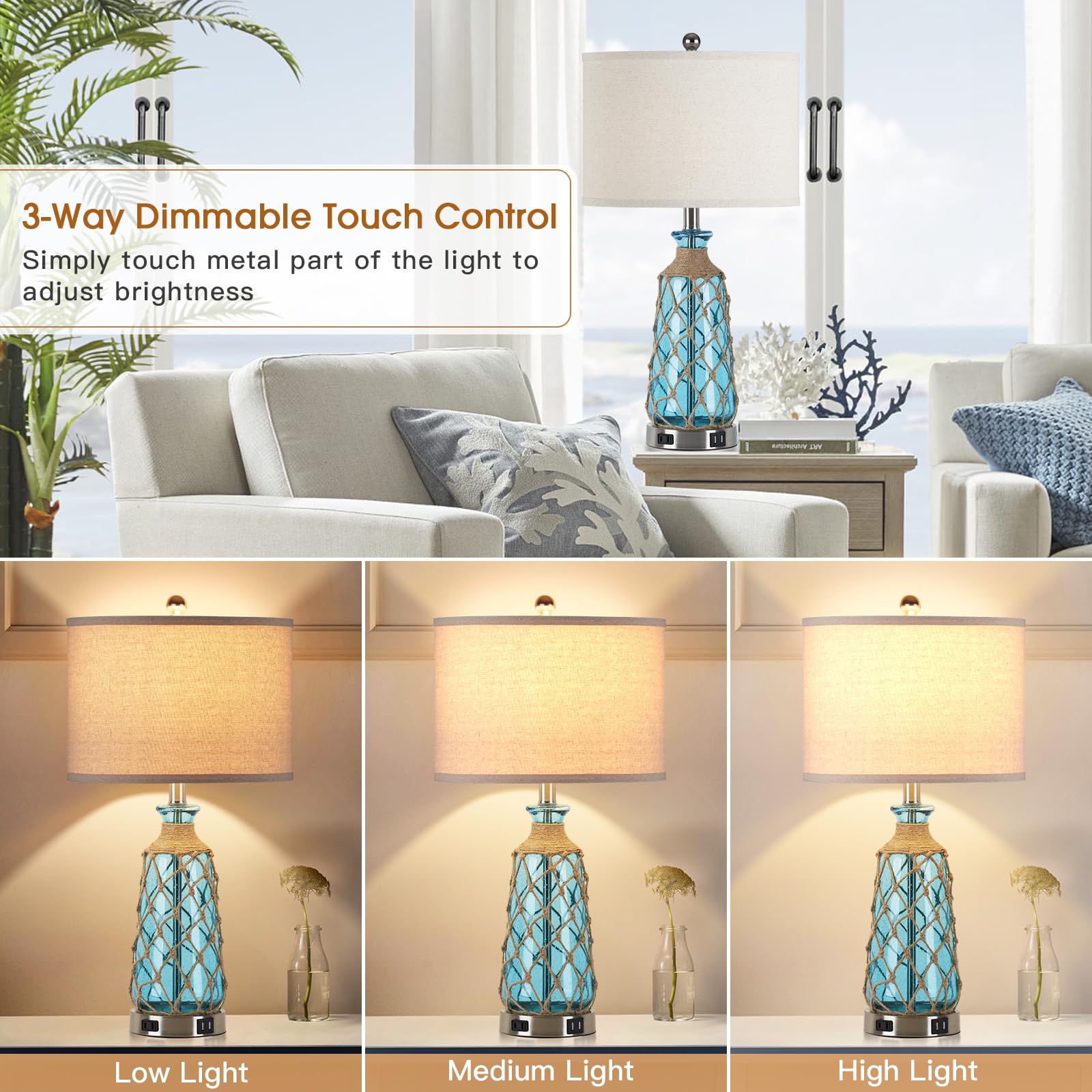 Ruzectt Coastal Glass Table Lamps - 3-Way Dimmable Touch Control, Teal, USB Ports & AC Outlet, LED Bulbs Included