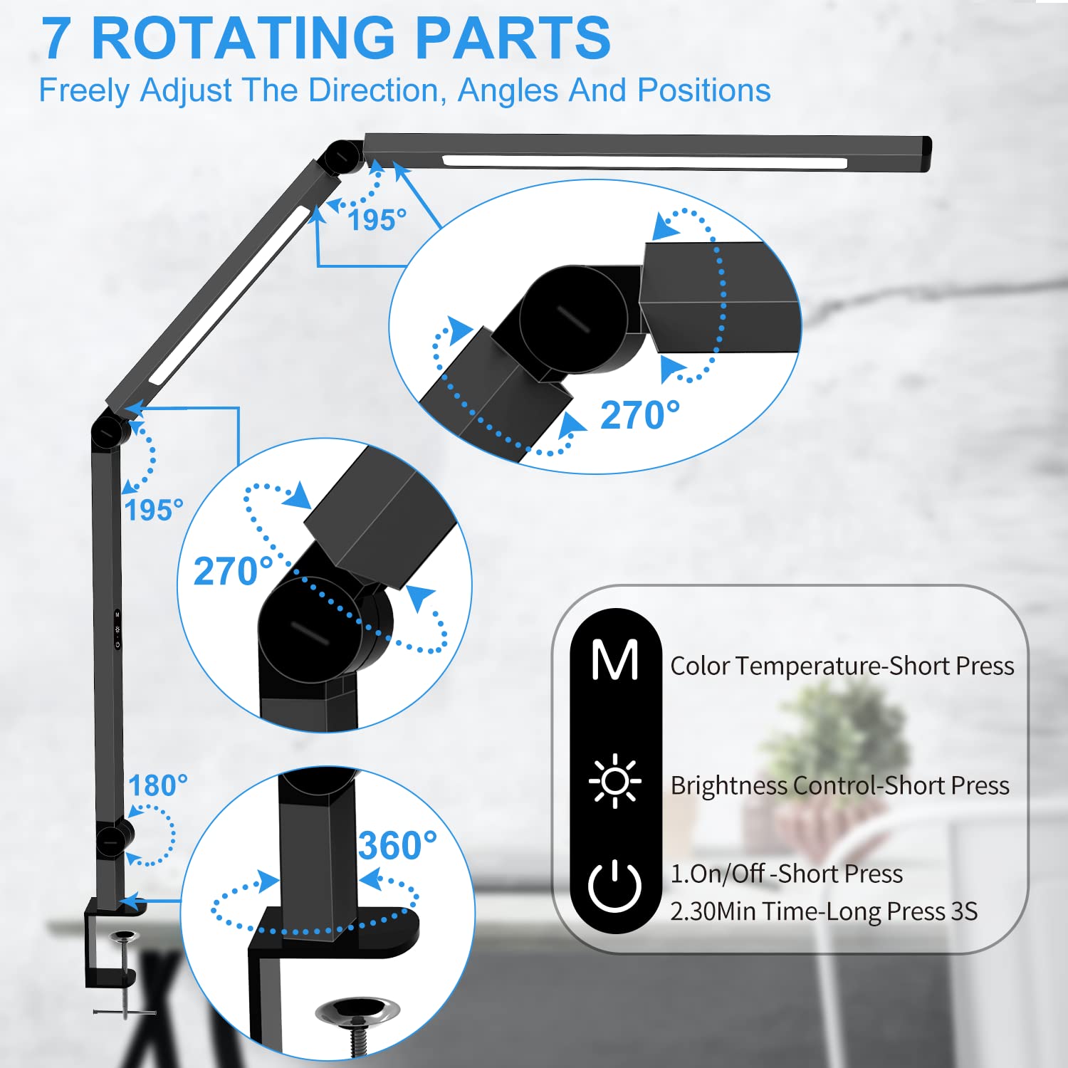 Led Desk Lamp With Clamp, Architect Desk Lamp For Home Office With Remote Control, Swing Arm Clamp On Computer Light, Clip-On Eye-Care Adjustable 5 Brightness Levels Table Light For Working Drafting