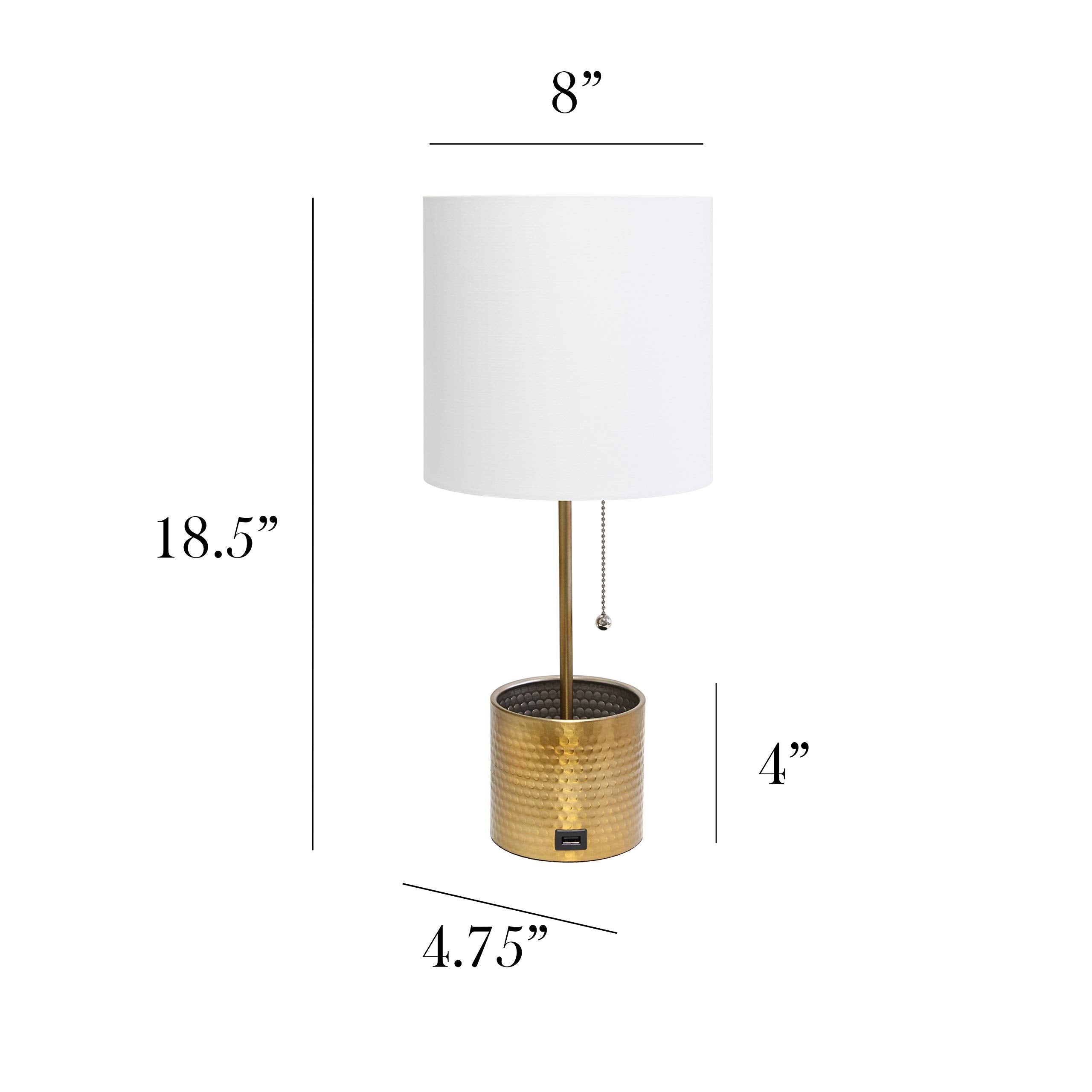 Simple Designs Lt1085-Gld Hammered Metal Organizer Table Lamp With Usb Charging Port And Fabric Shade, Gold