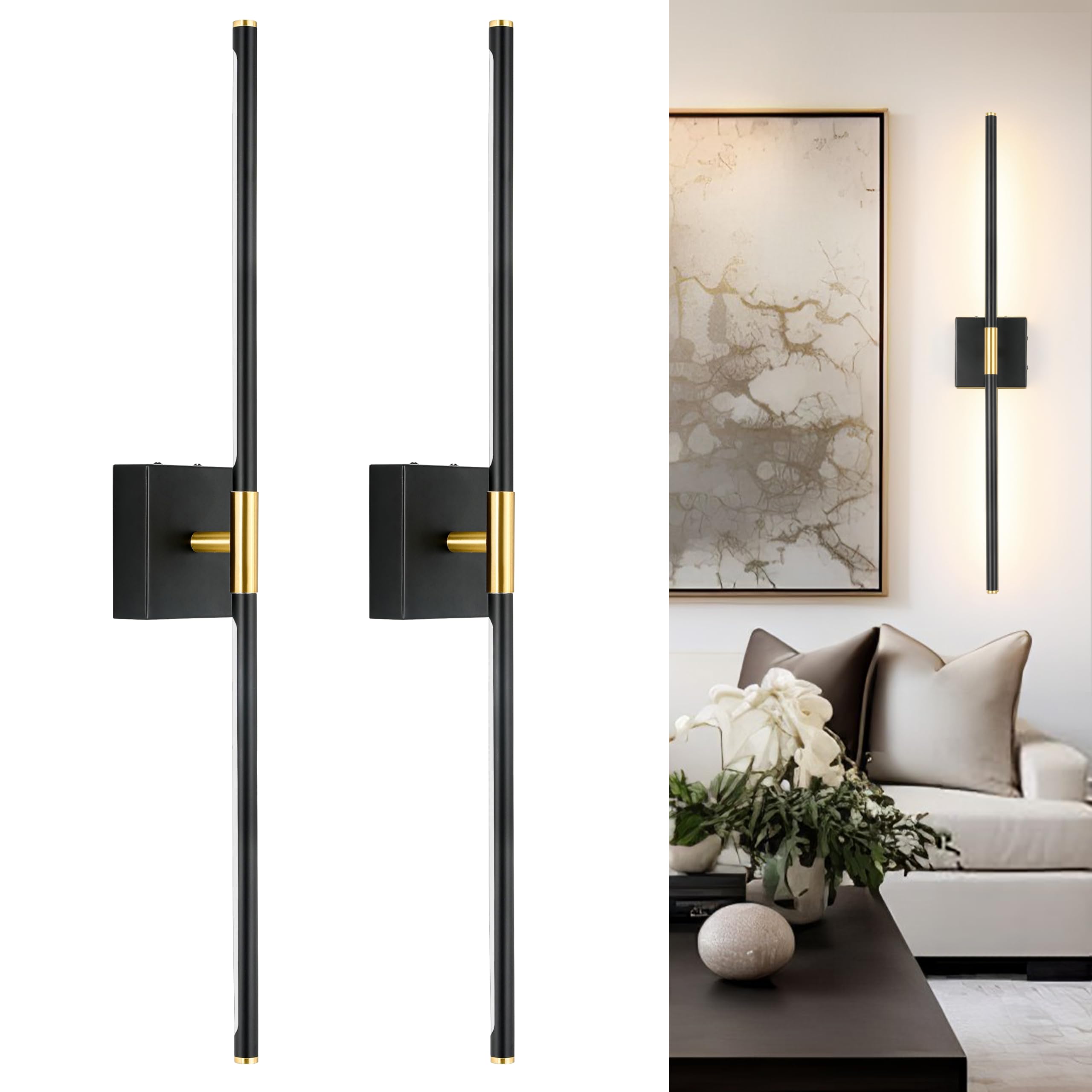 Morauroral Wall Sconces Set Of 2, Modern Hardwired Sconces Wall Decor, 24 Inch Dimmable Sconces Wall Lighting, Black Gold Wall L