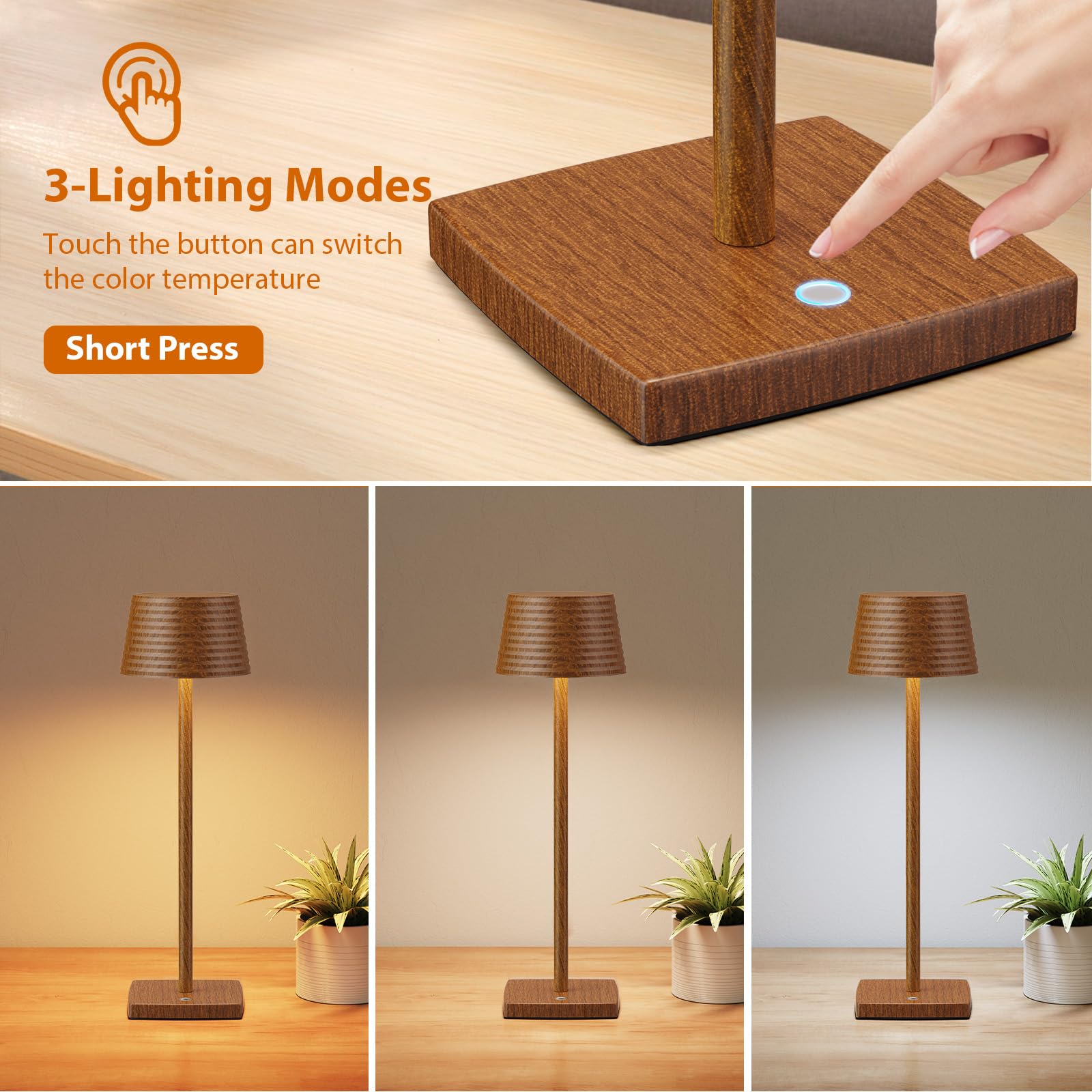 YIBEN Cordless Table Lamps 2Pack, Rechargeable LED, IP54 Waterproof, 6000mAh Battery, Small, Wood Grain, Model S816