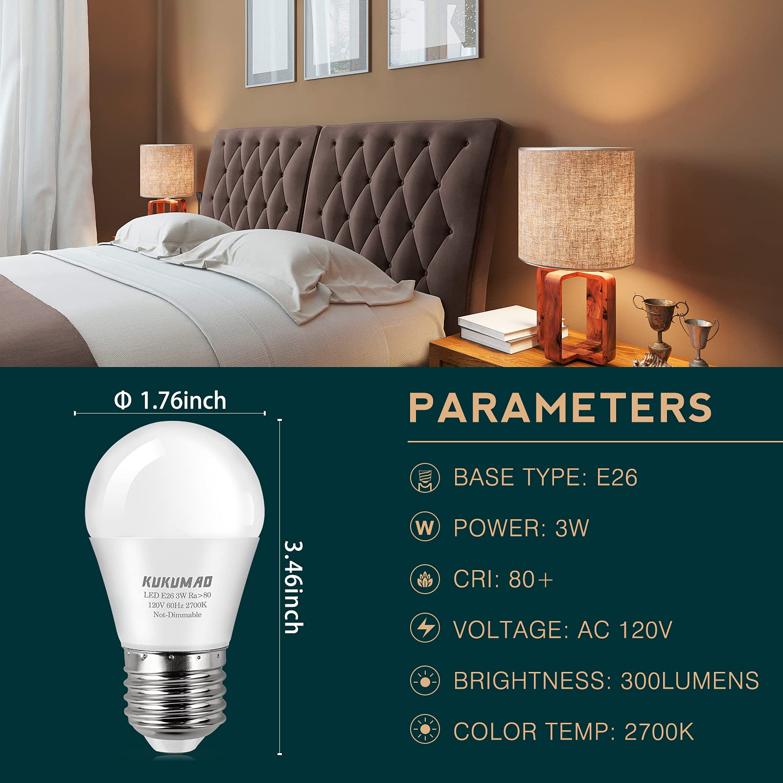Kukumao Led Bulb 3W 25 Watt Equivalent, Night Stand Bulb Table Lamp Bulb A15 Light Bulbs Warm White 2700K Led Energy Saving E26