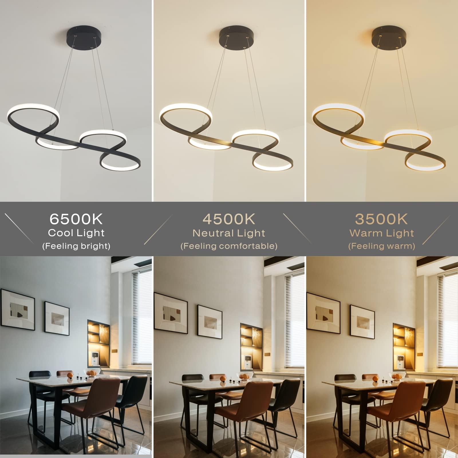 HiHiHomy Modern Dimmable Black LED Chandelier, 39.3in Height Adjustable Light Fixture for Dining Room, Remote Control, Model B0C26SH1MT