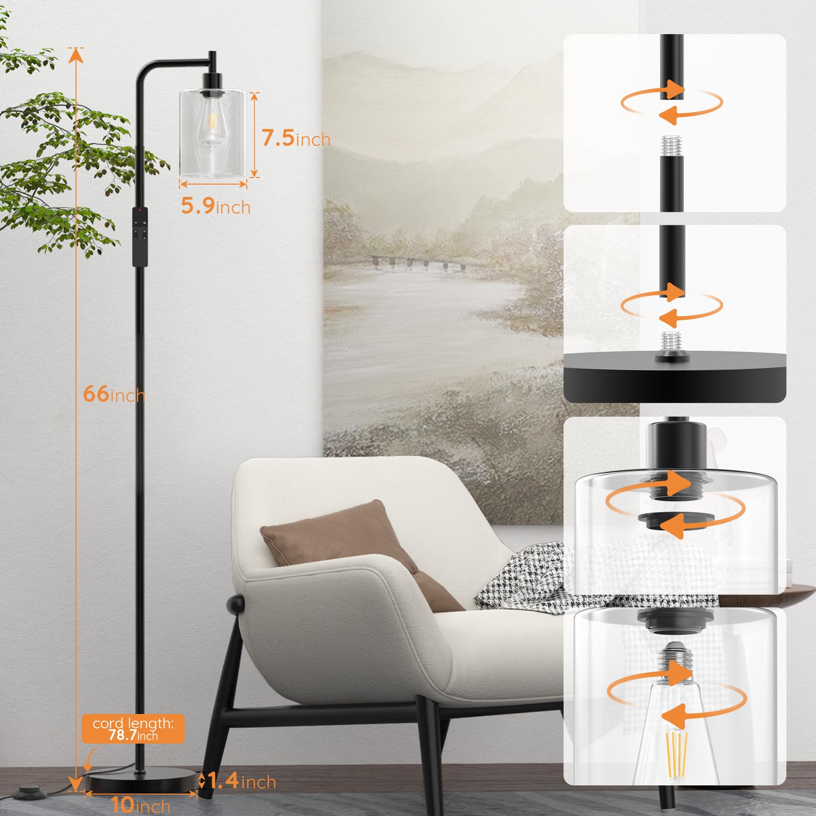 PAZZO Floor Lamp with Remote, Industrial Standing Floor Lamp with Glass Lampshade, Modern Floor Lamp Ideal for Living Room Bedro