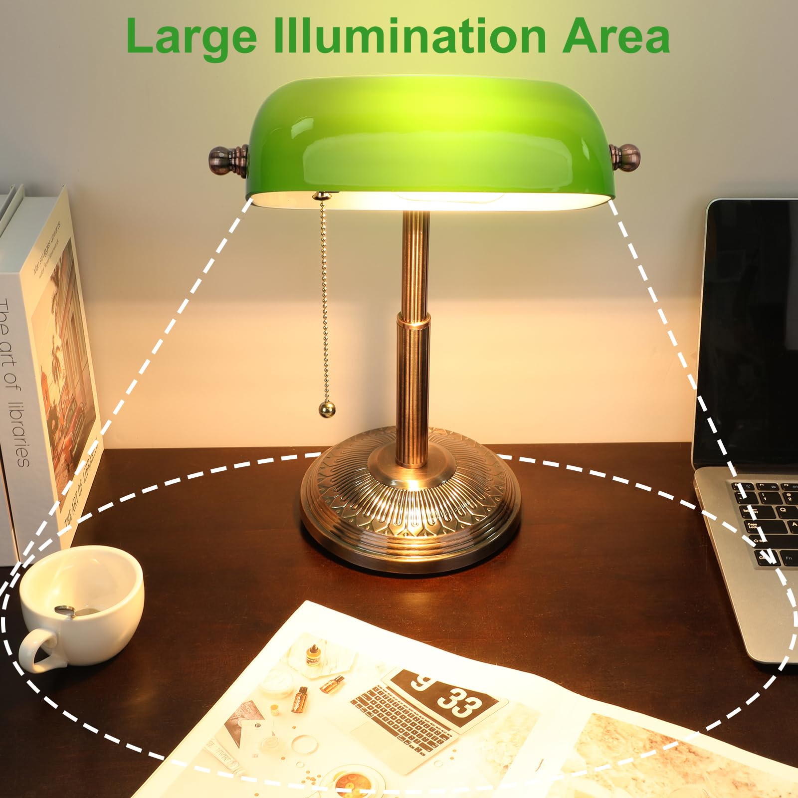 LINNMON Vintage Bankers Desk Lamp, Copper+Green, Iron, Model LT248800, Retro Style with Pull Chain Switch for Home Office