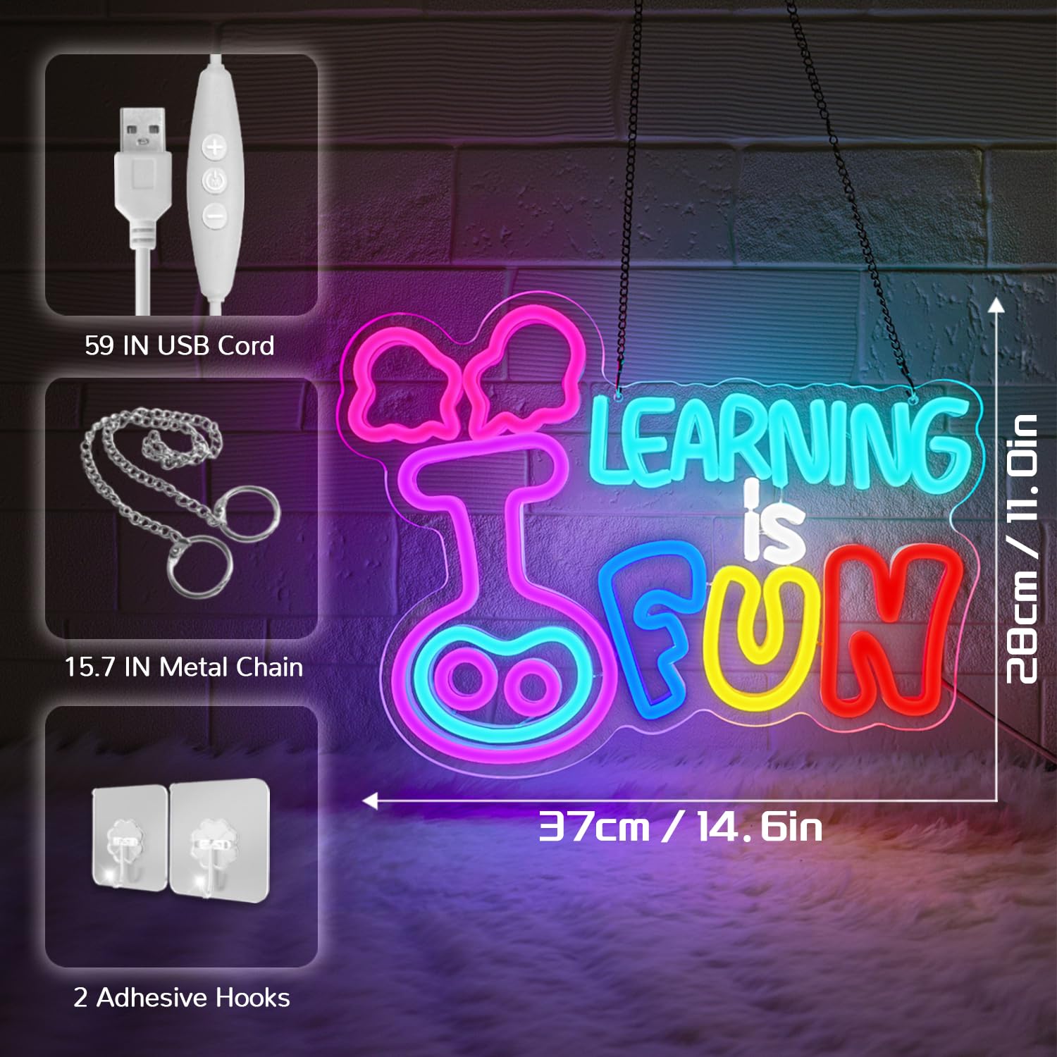 Sneignon Learning is Fun Neon Sign,Neon Light Sign for Classroom,LED Sign Science Lab Wall Light for Teachers,Back to School Led