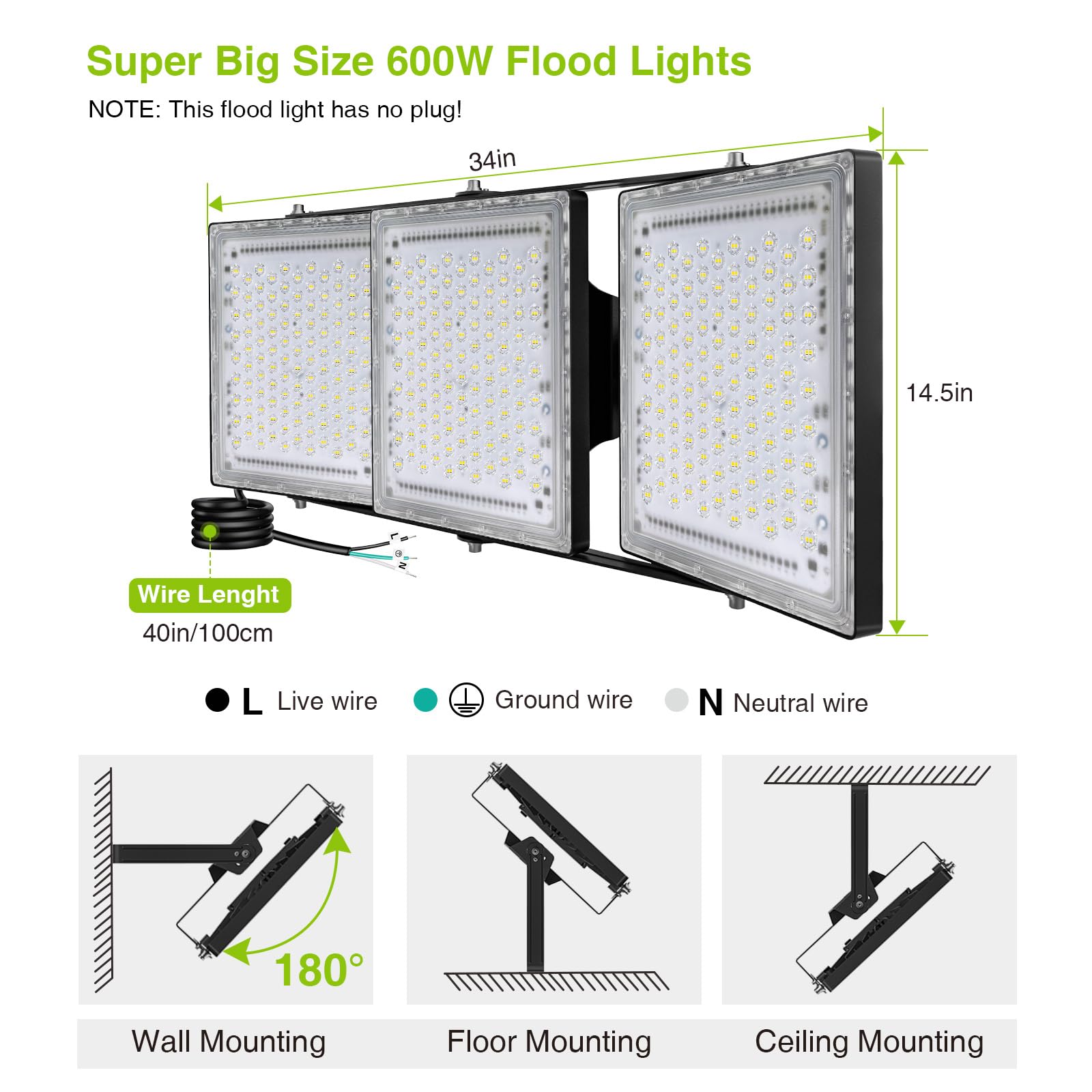 Stasun 600W Led Flood Light 60000Lm, Ip66 Waterproof, 3 Adjustable Heads, 6000K Day
