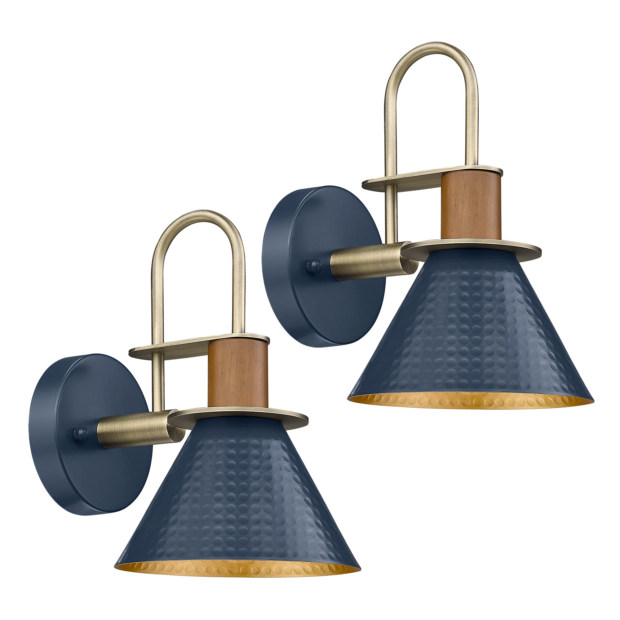 Hwh Rustic Wall Sconces Set Of 2, Hammered Metal, Navy Blue Gooseneck Light For Bathroom/Bedroom