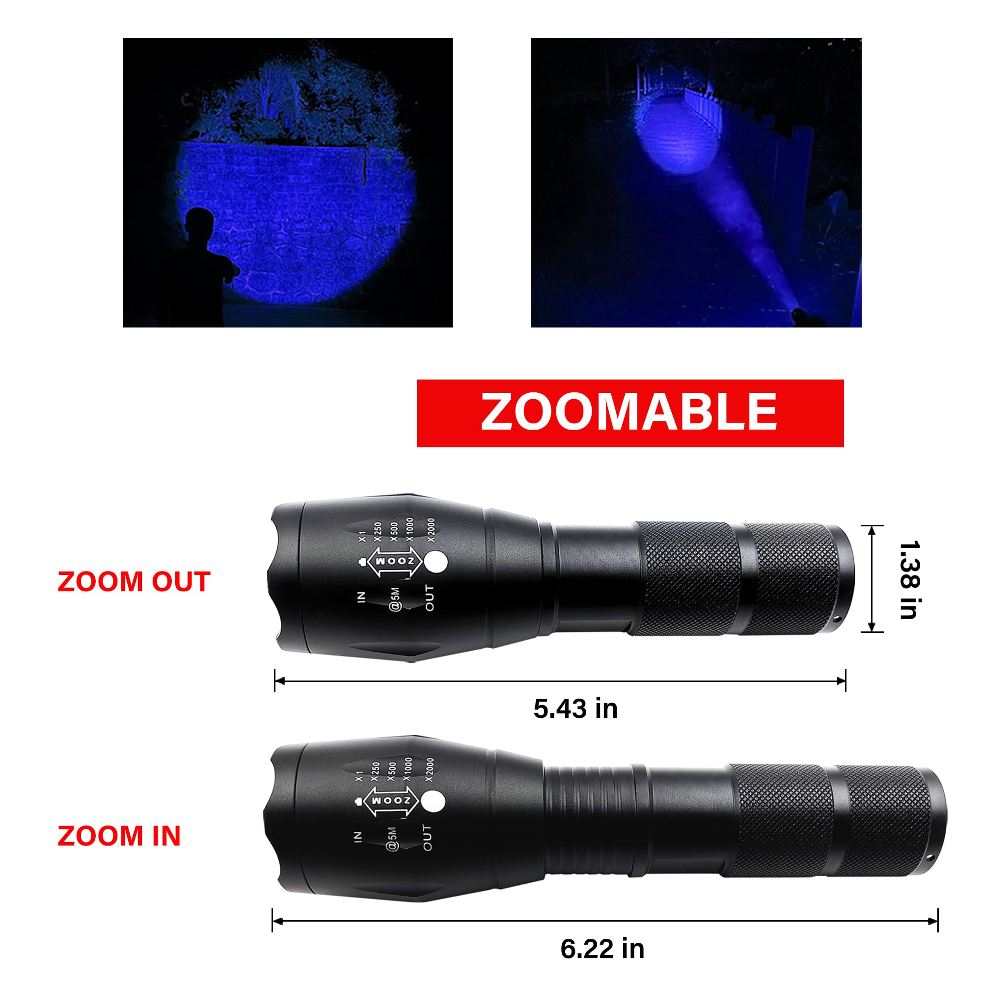 Souyos High Power Blue LED Flashlight, Zoomable, Aluminum, Model Souyos-GRBV2537, Long Range for Night Hunting and Fishing