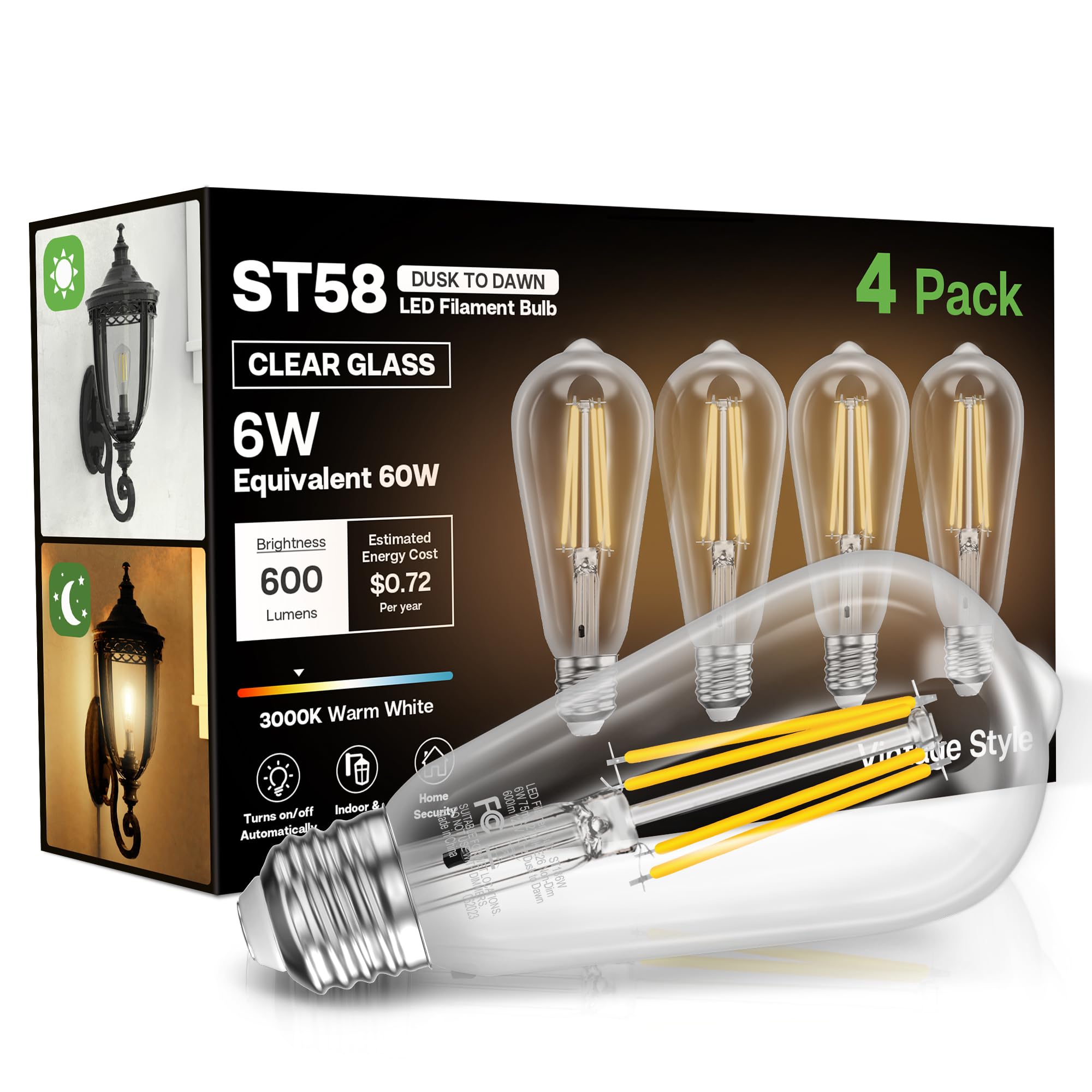 Eastiya Dusk to Dawn Light Bulbs  6W Equivalent 60W  Soft White 3000K  E26 Base  Light Sensing  ST58 Vintage Style  600LM  Outdoor Edison Bulbs  Automatic Light Bulbs for Porch Patio Garage  4 Pack