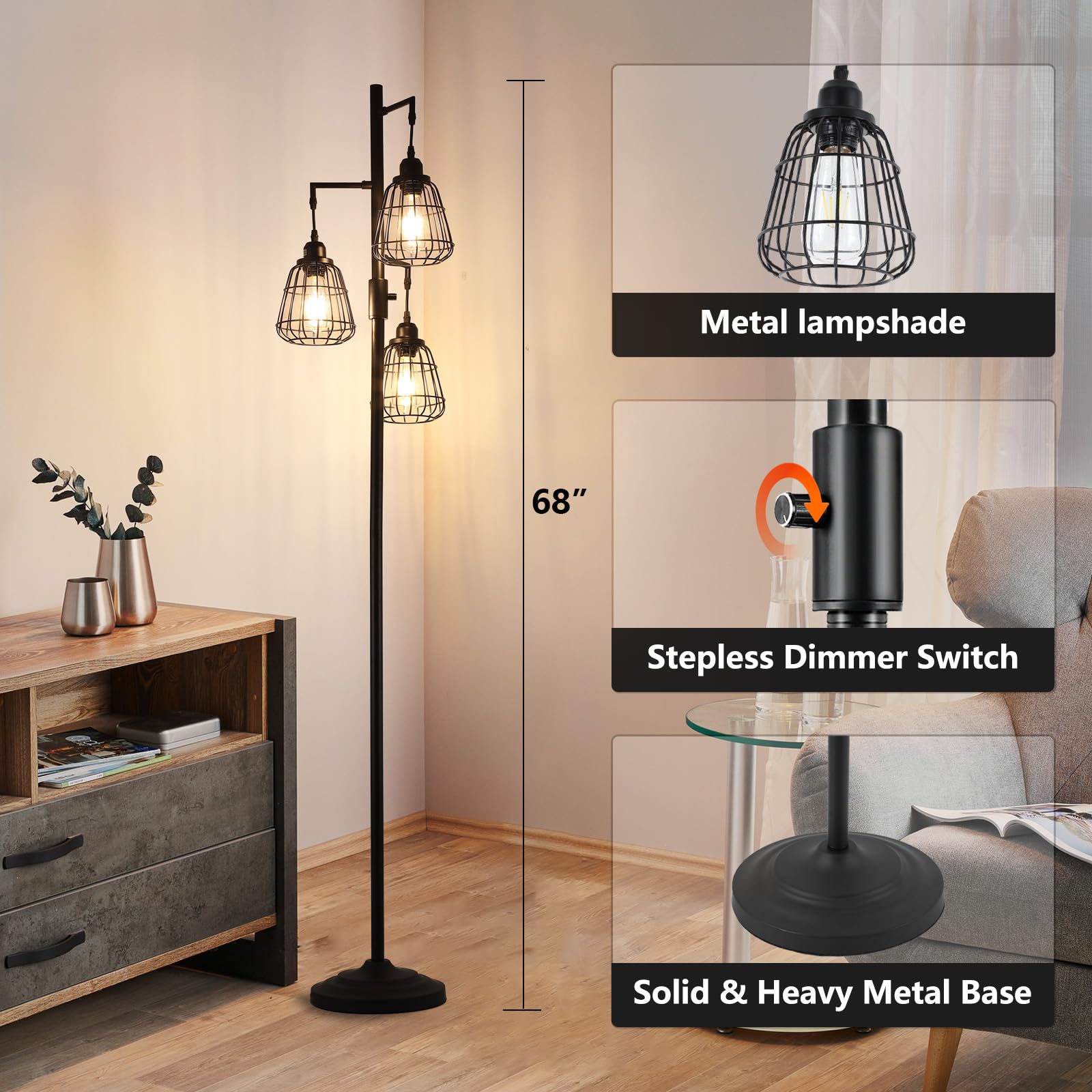 9Mmml 68Living Room Floor Lamp, Industrial Farmhouse 3 Teardrop Cage Standing Lamp,Black Tall Floor Lamp For Bedroom Office, 3 L