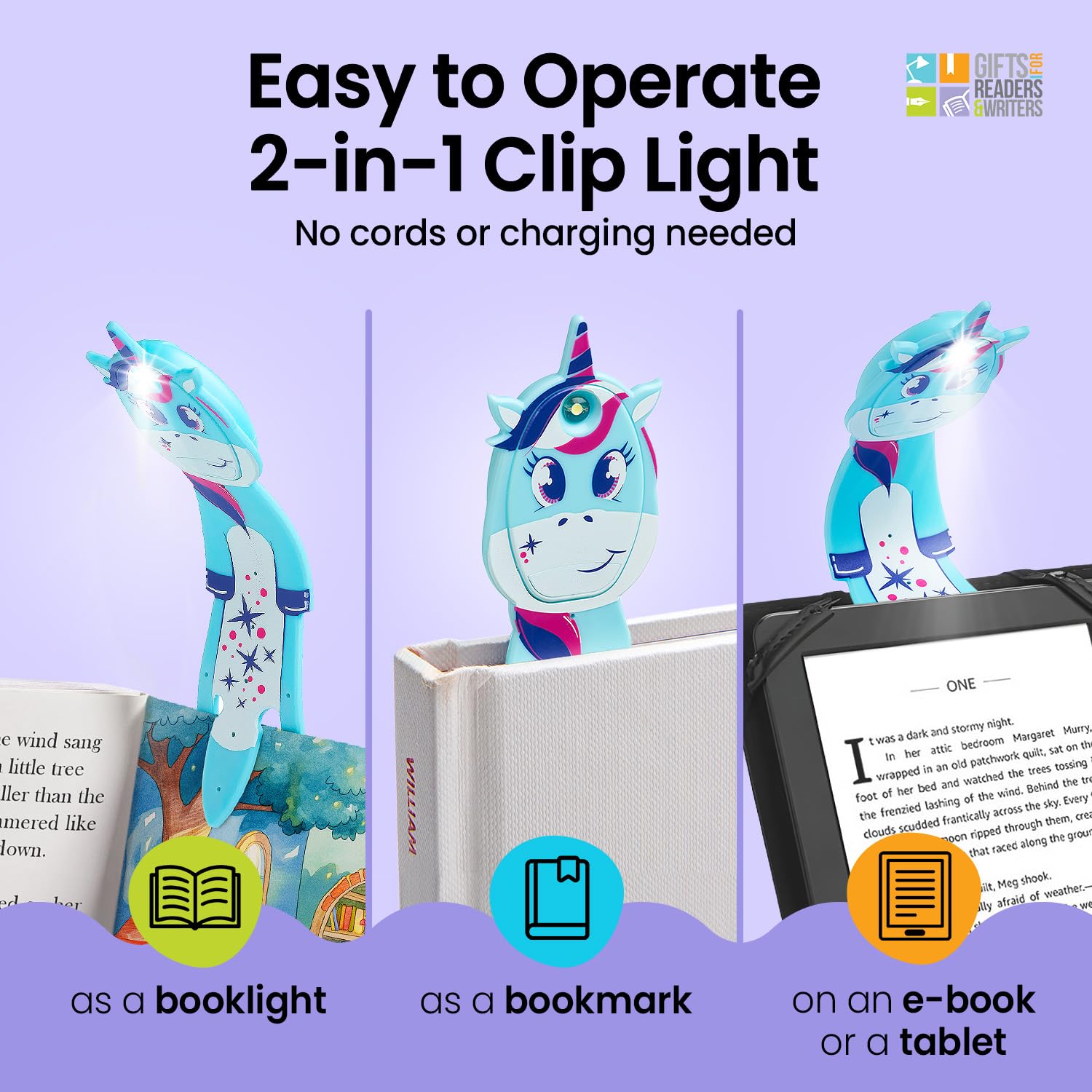 Gifts for Readers & Writers Flexilight Pal Bookmark Light | LED Clip-On | Battery Operated | Plastic | Unicorn Blue