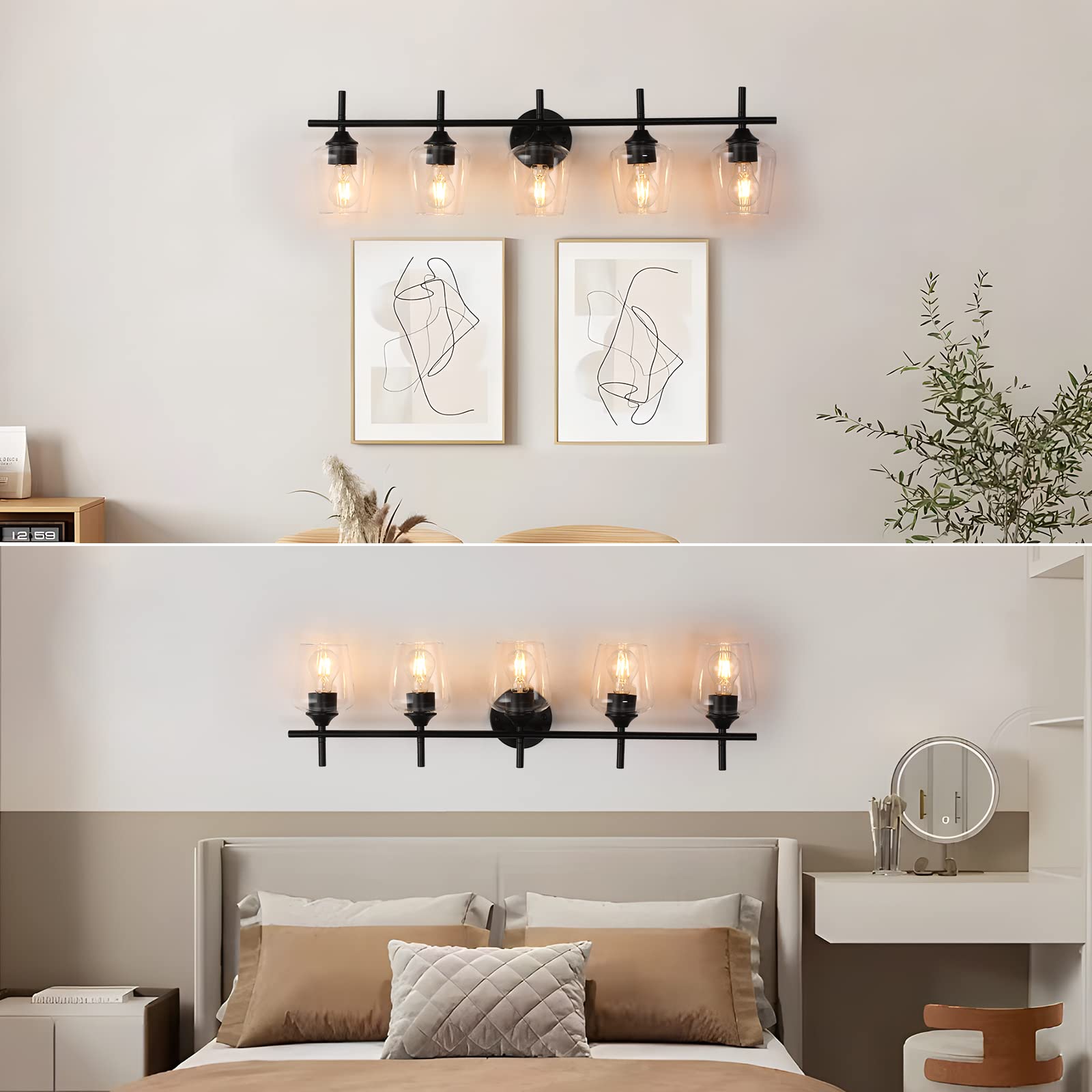 Foucasal 5-Light Black Bathroom Vanity Light Fixtures, Industrial Clear Glass Shade, Model ULB0046H-5HEI