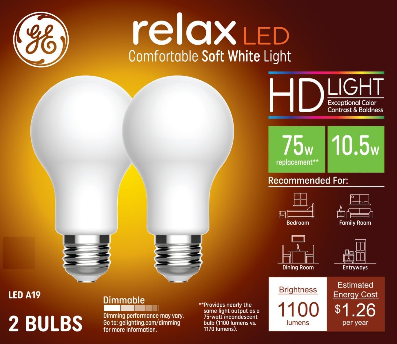 GE Relax HD LED 75 Watt Replacement, Soft White, A19 General Purpose Bulbs (2 Pack)