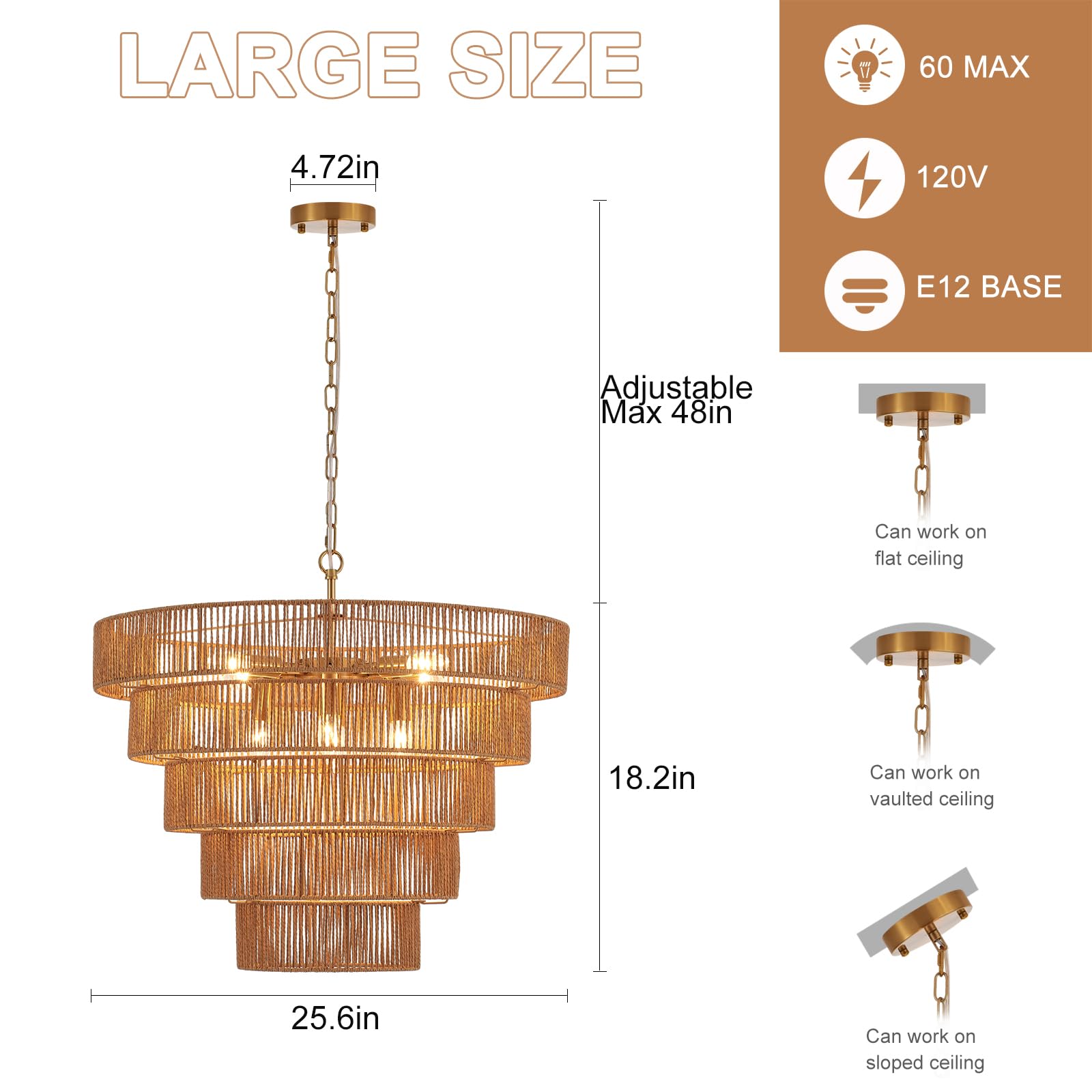 YOMECOO Rattan Chandelier - 25.6" Vintage 8-Lights Hand-Woven Gold Light Fixture for Dining Room, Kitchen, Living Room, Bedroom