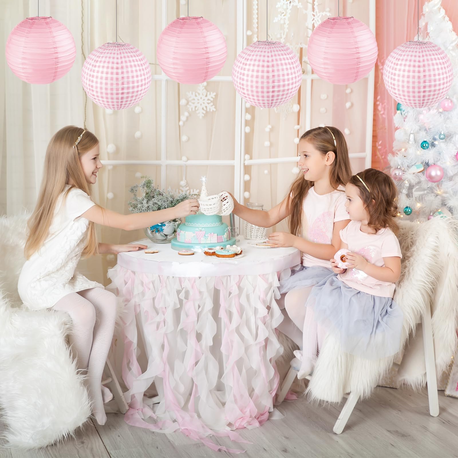 6Pcs Pink Gingham Party Decoration Pink Paper Lanterns Pink And White Checkered Plaid Hanging Lanterns For Wedding Birthday Part