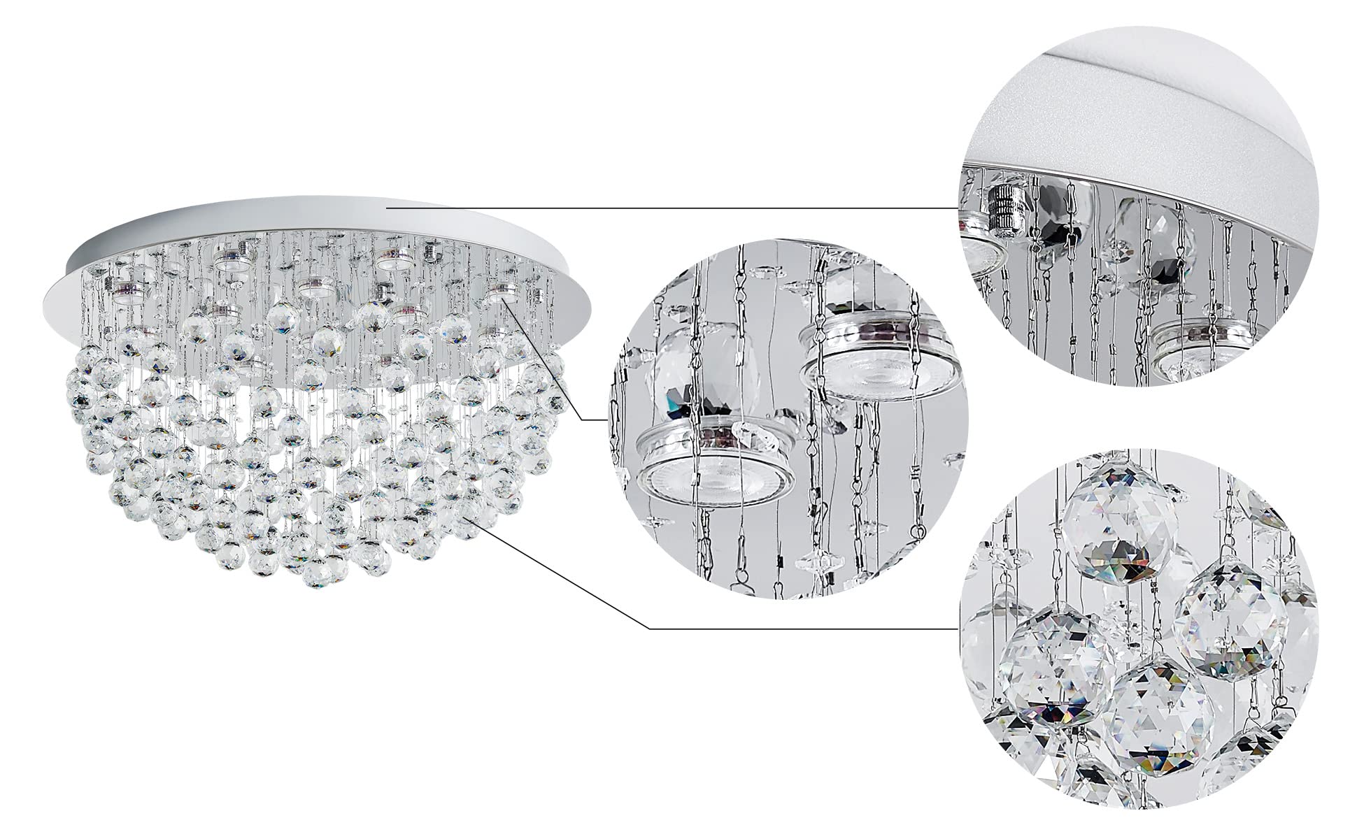 SM Saint Mossi 12-Lights Modern Chandelier, K9 Crystal Flush Mount Light Fixture, H13", Silver Finish for Bedroom, Dining Room, Living Room