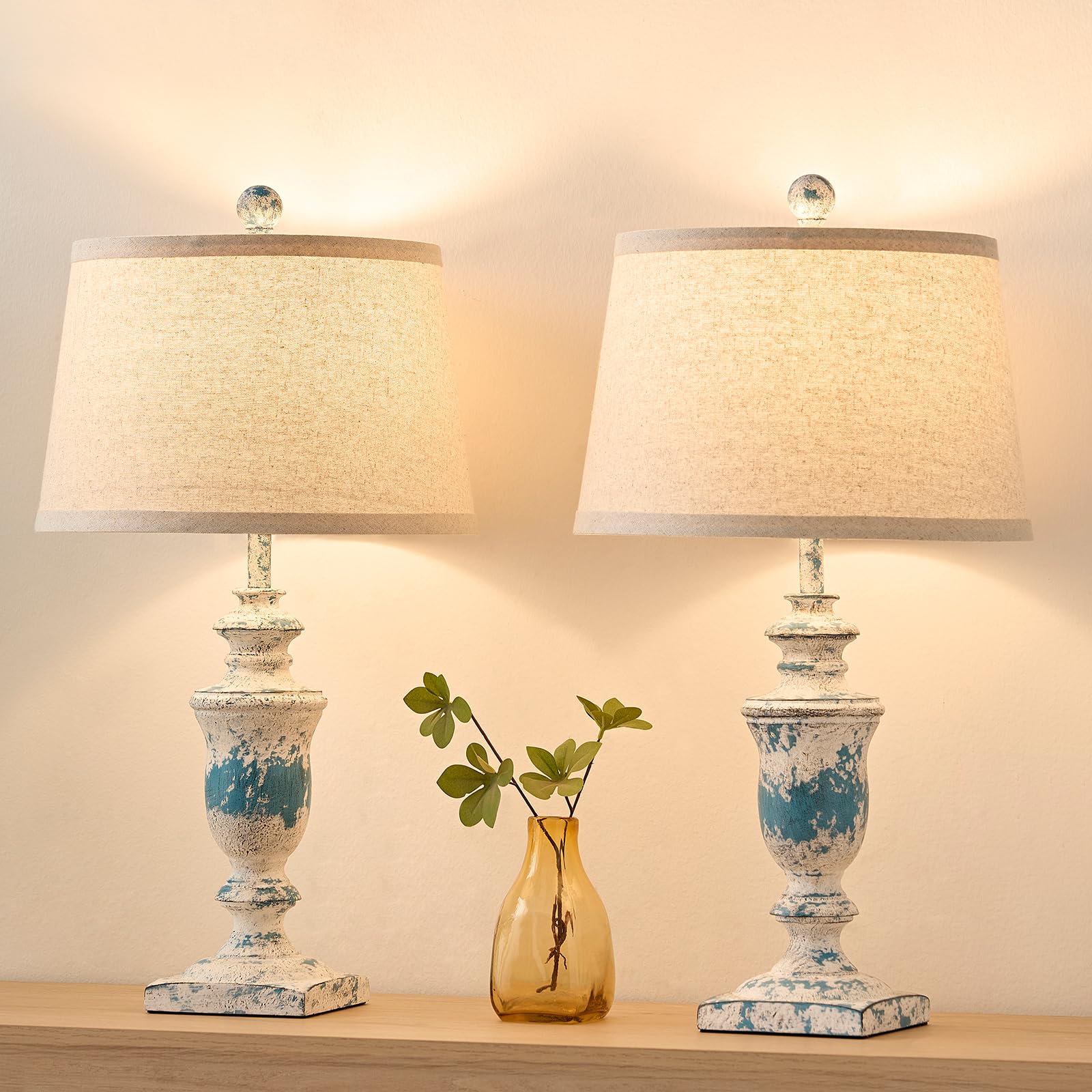 SAIWEYA 23 Farmhouse Table Lamps Set of 2  3 Way Dimmable Lamps with 2 LED Bulbs and Rocker Switch  Vintage Nightstand Lamp for Bedroom Living Room Office End Table Entryway  Washed Blue
