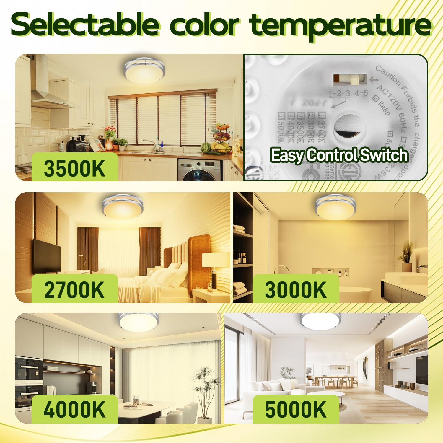 hykolity LED Flush Mount Ceiling Light, 16 inch, Brushed Nickel, 36W, 2200LM, Model HBCE-16C-N5CCT, Dimmable