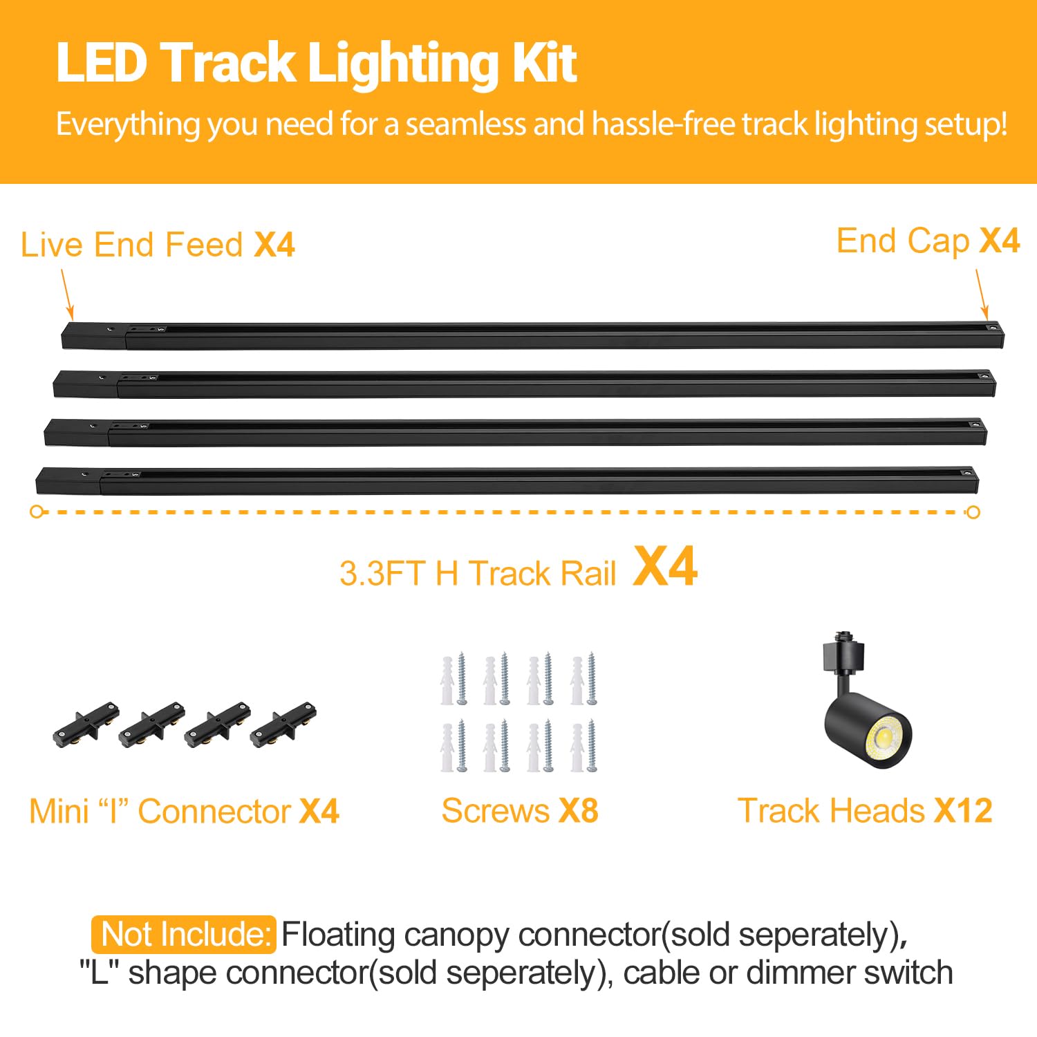 VANoopee 12-Light LED Track Lighting Kit, Dimmable 3000K, 10W, 800lm, Black, ITK10W3KB12