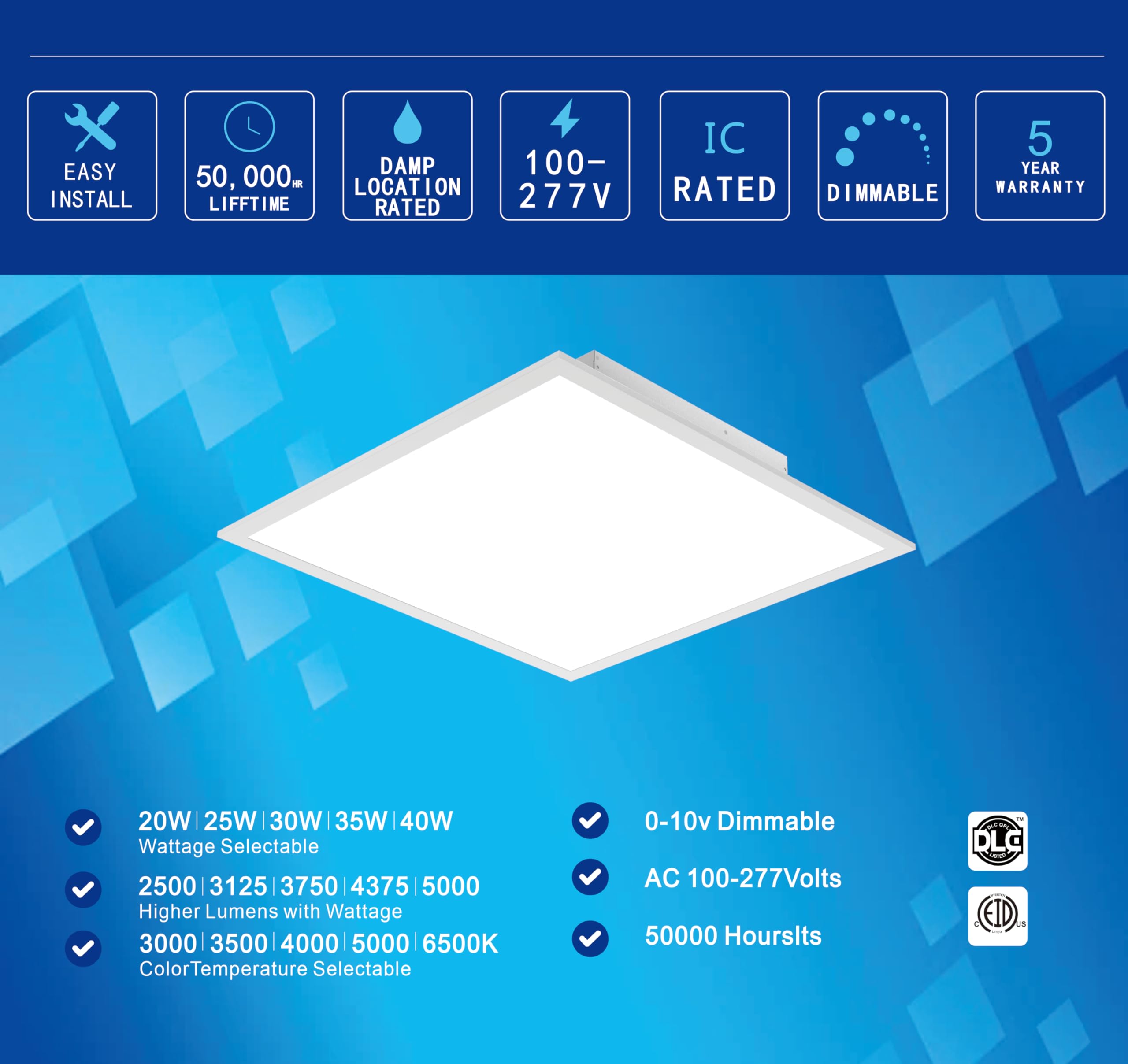 LED ENERGY PLUS 2x2 FT Dimmable LED Flat Panel Light, 20-40W, 5 Color Temps, 2500-5000 Lumens, 6 Pack, ET