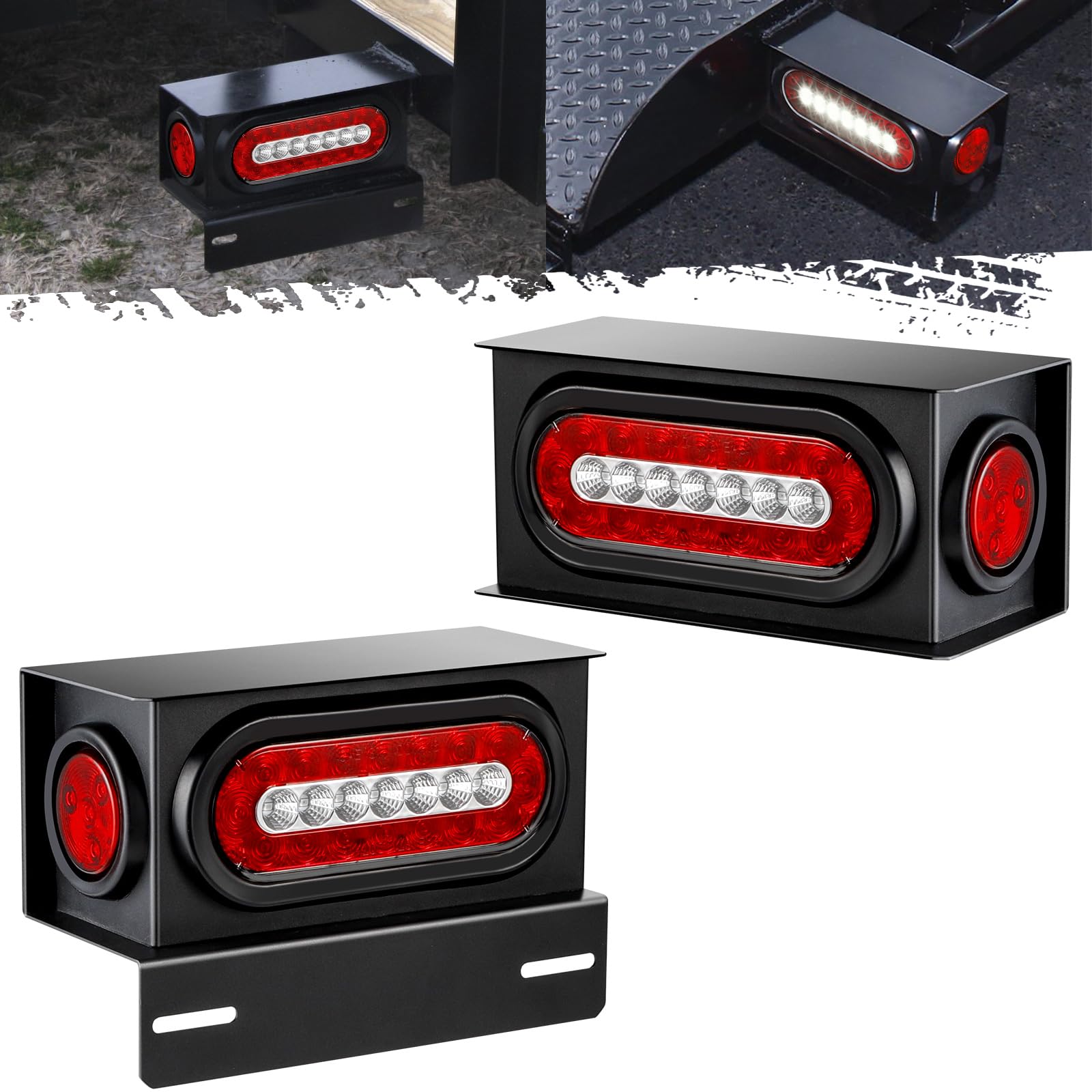 Partsam 2Pcs Steel Trailer Light Boxes Housing Kit w/ 6 Oval Led Trailer Tail Lights with Reverse & 2 Red 4Led Round Side Marker Clearance Lights w/Grommets and wire connectors