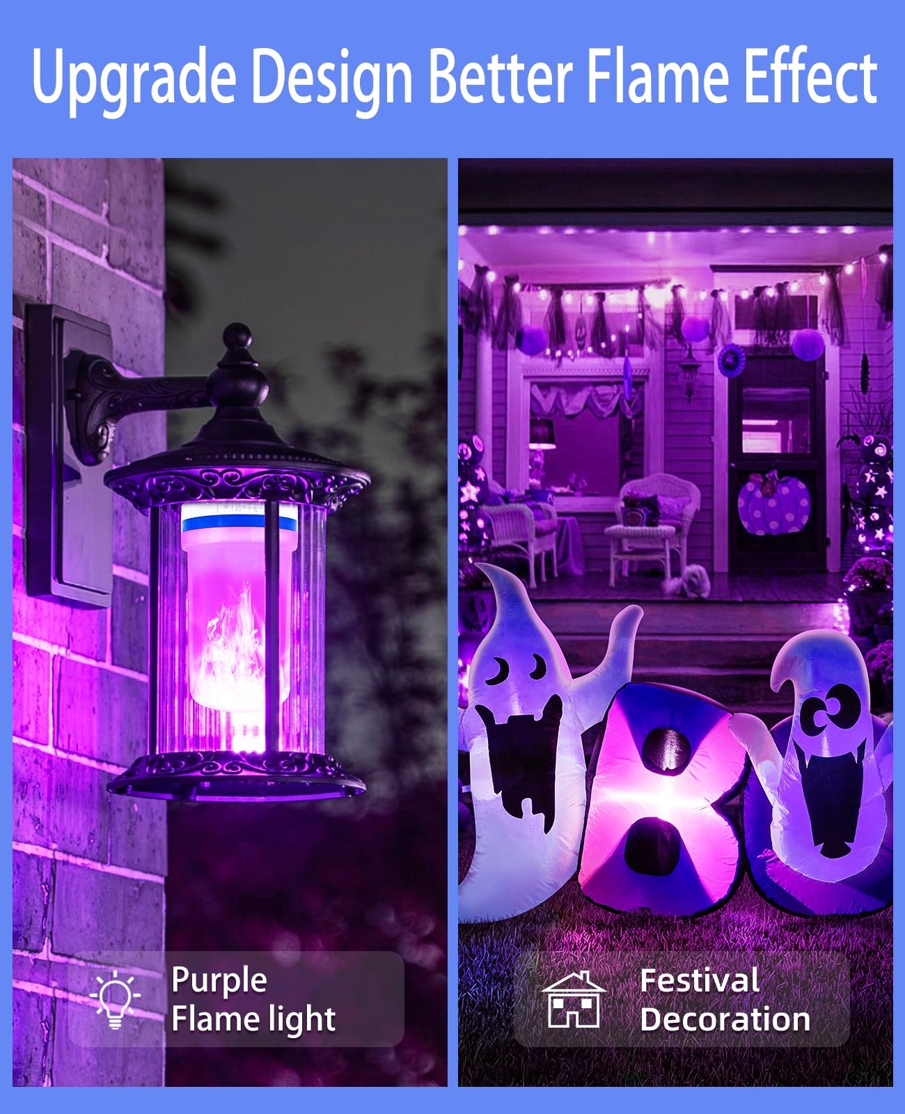 BHCORNER LED Purple Flame Light Bulbs - 3W Vintage E27 Base, Gravity Sensing, Halloween & Christmas, 2 Pack