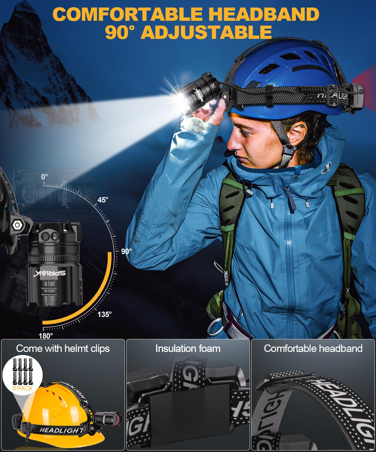 Spriak LED Headlamp, USB Rechargeable, 90° Adjustable, 5 Modes, 2 Pack, Black, Model Spriak-H2401-2
