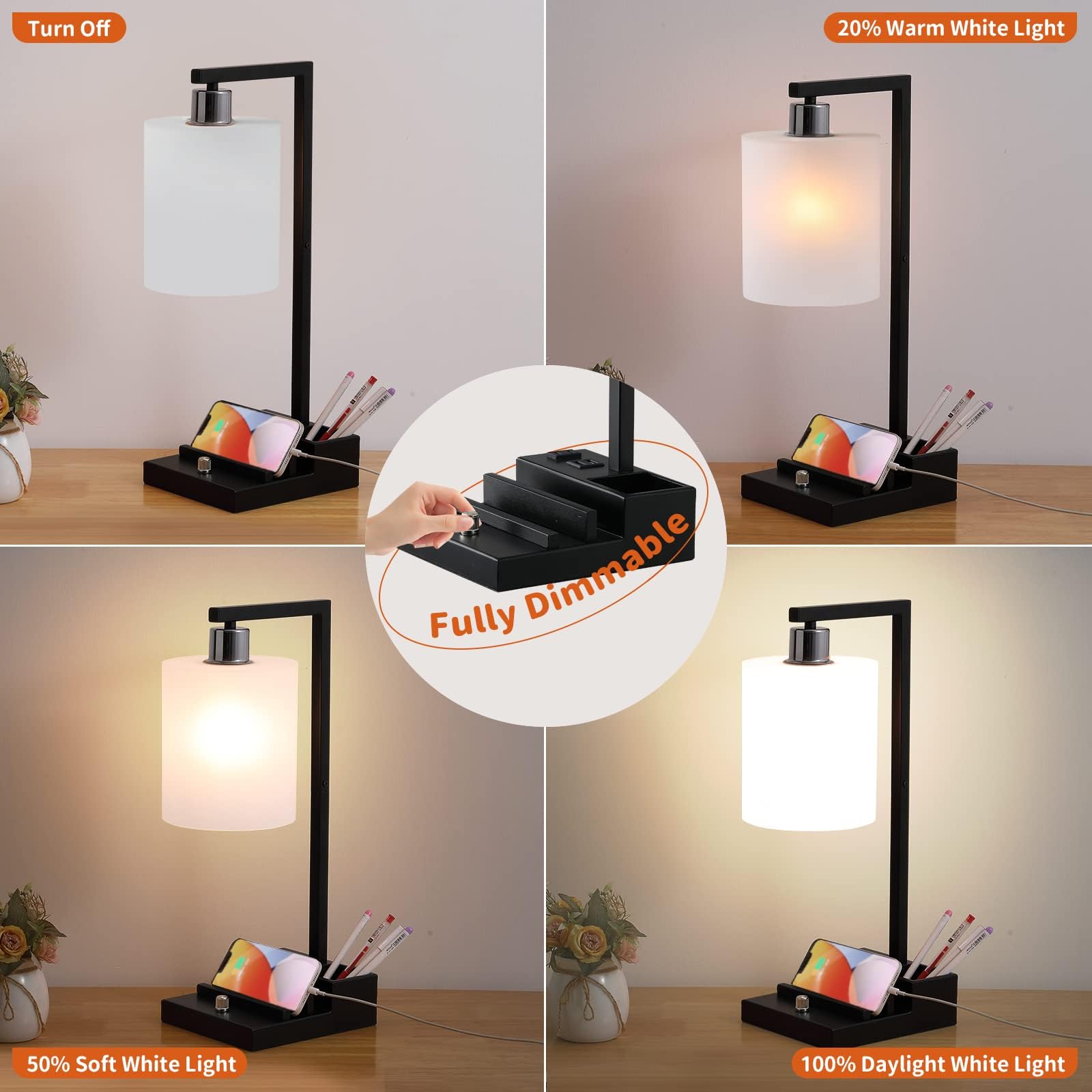 Dimmable Bedside Table Lamp with Dual USB Ports & AC Outlet, Adjustable Brightness & Color Temperature, Phone Holder & Pen Slot