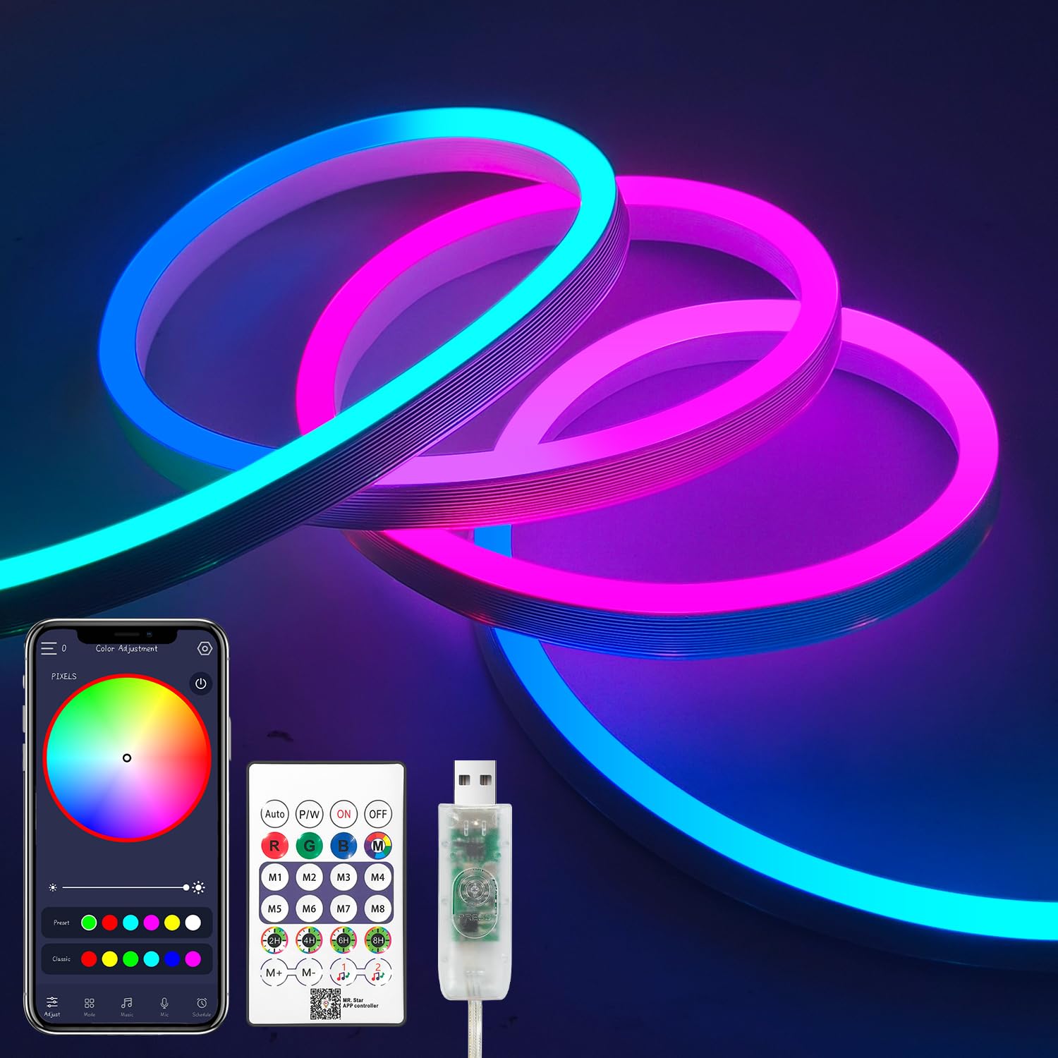 iNextStation RGB LED Neon Strip Lights, 6.56ft, Smart IC, App & Remote Control, Waterproof, Music Sync
