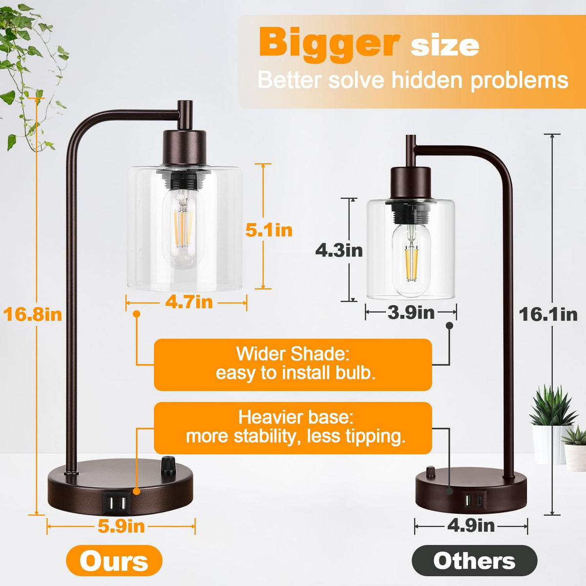 Customer Lamp Brown Industrial Table Lamp with 2 USB Charging Ports, Fully Stepless ...