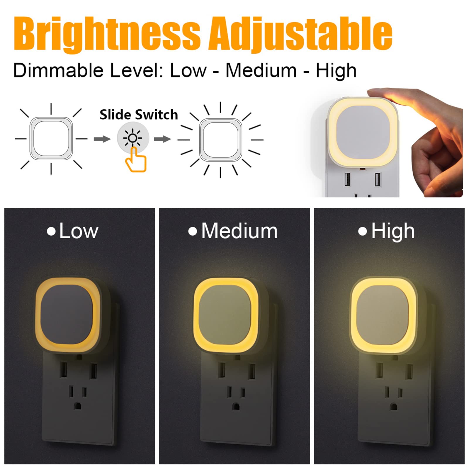 Yunlex 4 Pack Plug In Dimmable Night Lights, Soft Warm White, Auto Dusk To Dawn Sensor, Square Nightlights For Bathroom, Hallway
