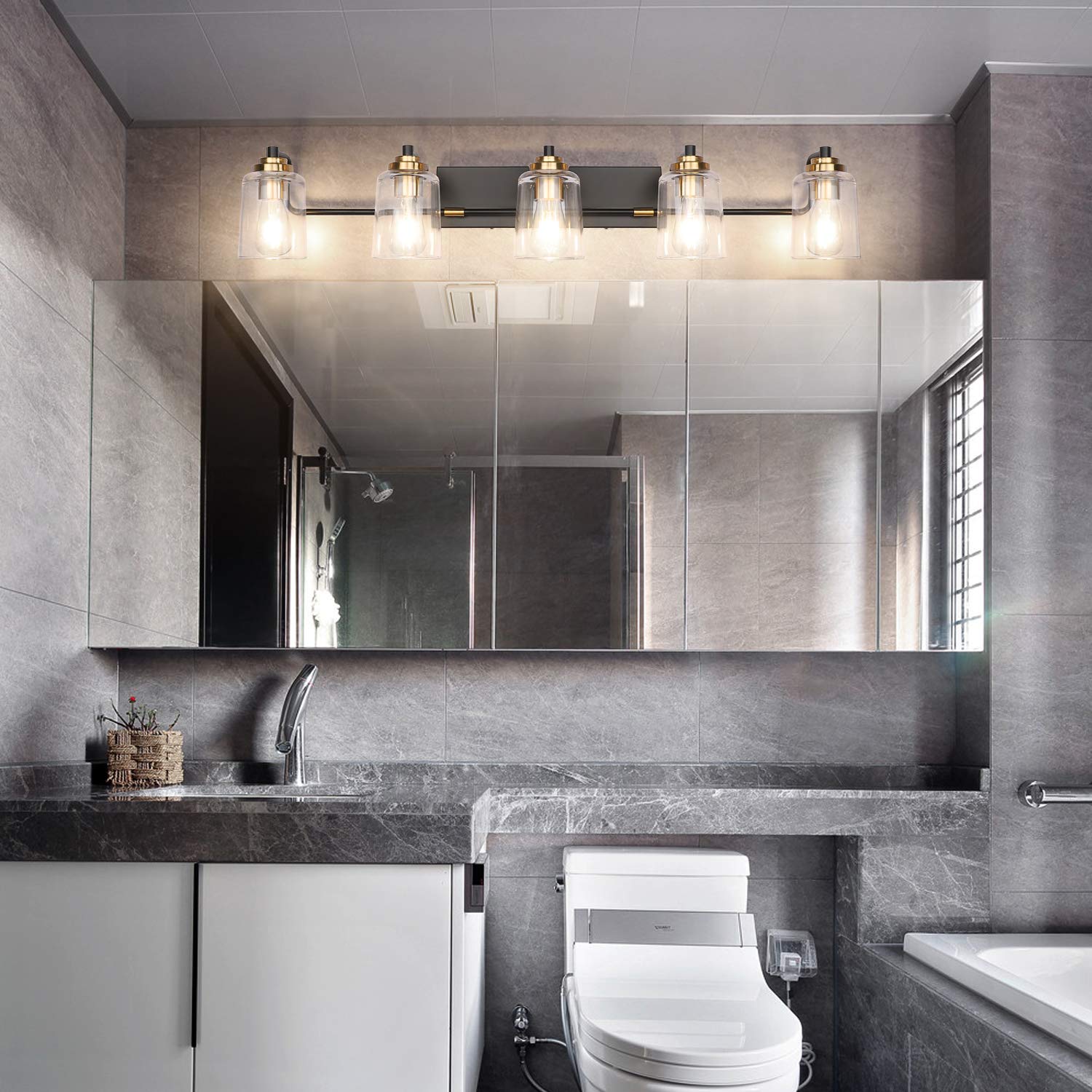 Solfart Vintage Vanity Lights For Bathroom 5 Light Bathroom Vanity Light Black Metal With Clear Glass Brass Fixtures Wall Mount