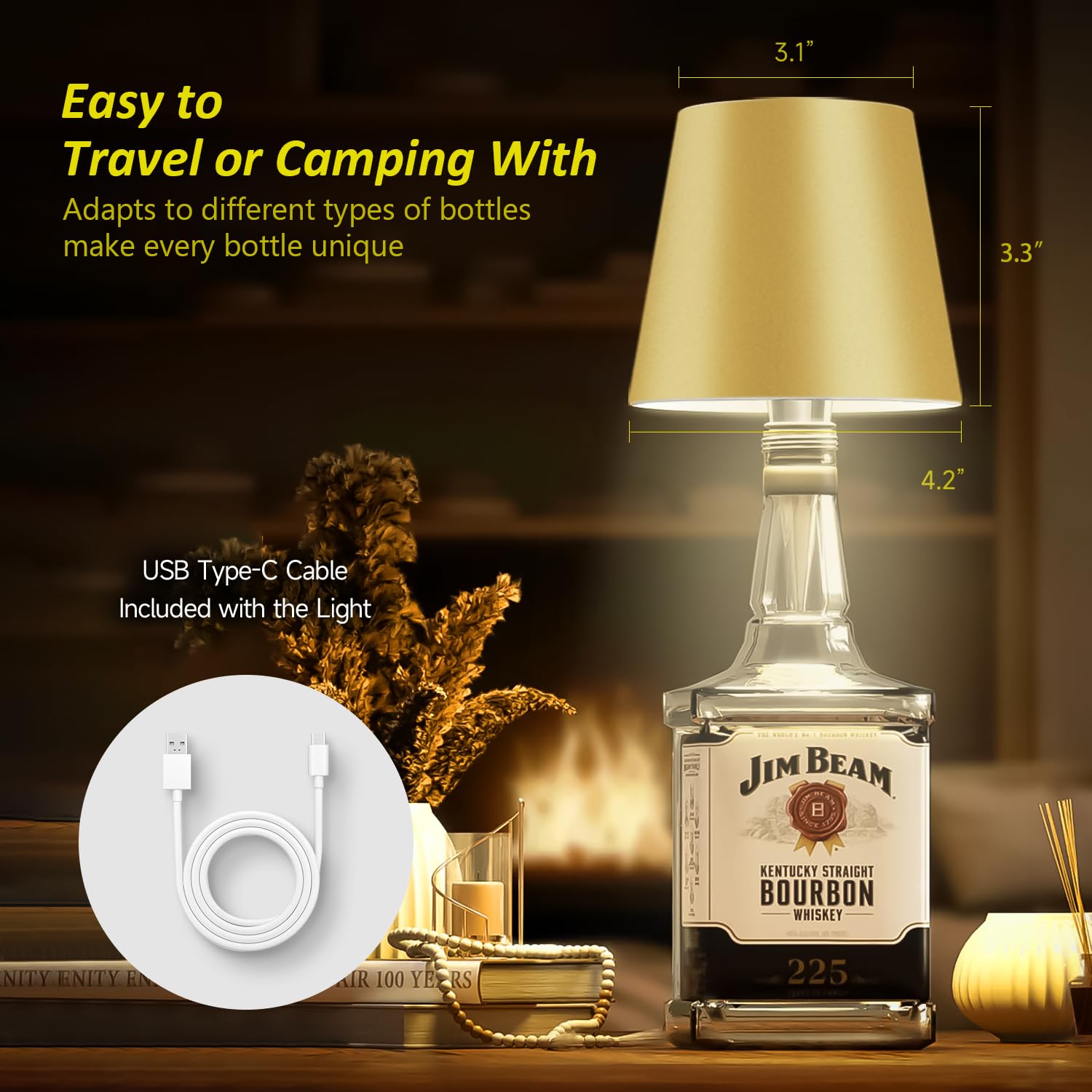Hoide Wireless Bottle Lamp - LED Touch-Dimmable Night Light Kit, 5.7in, Golden, Plastic
