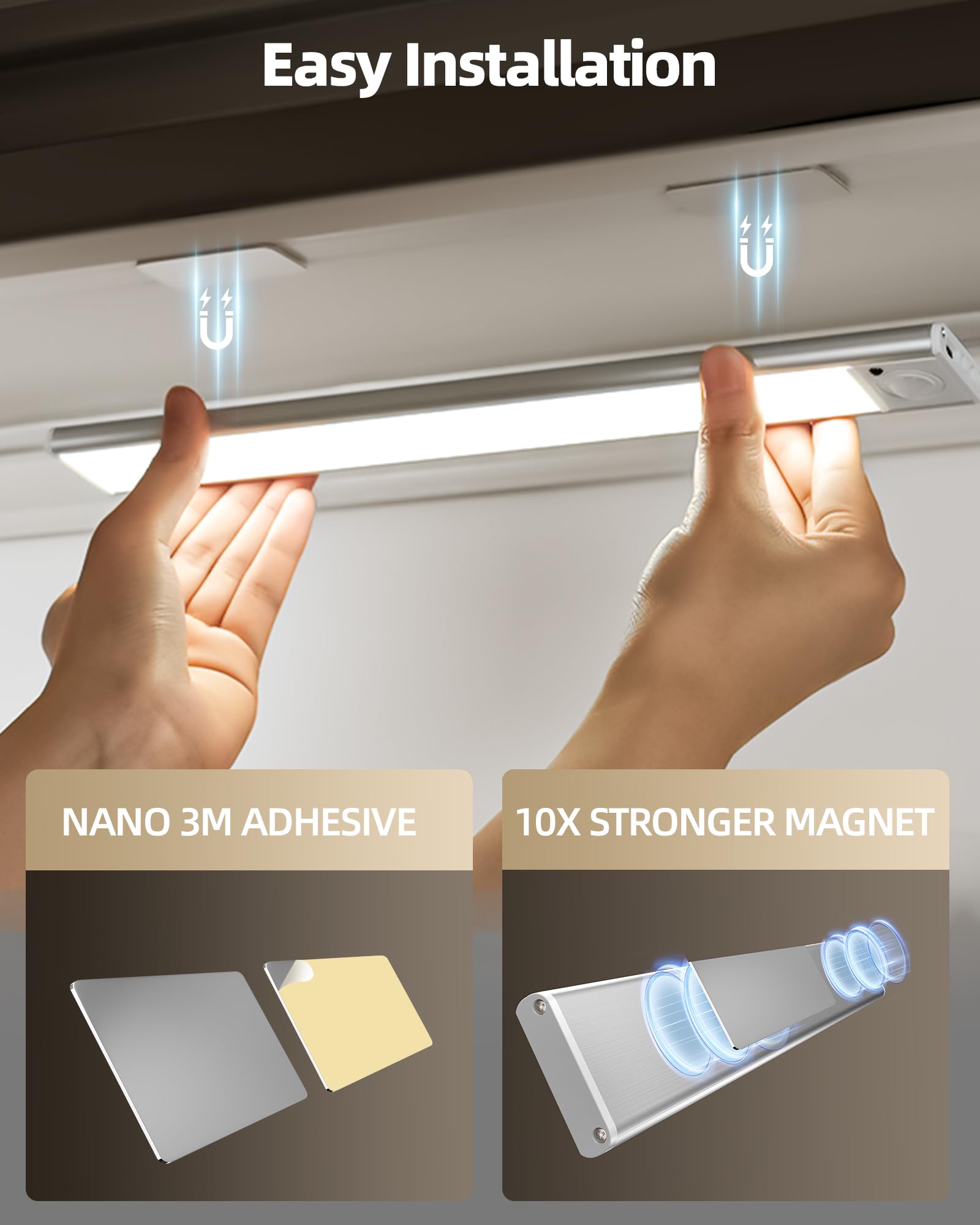 AMETHEUS Under Cabinet Lighting, 16" Dimmable LED Motion Sensor Light, 2Pack, Rechargeable, Remote Control, ABS Material