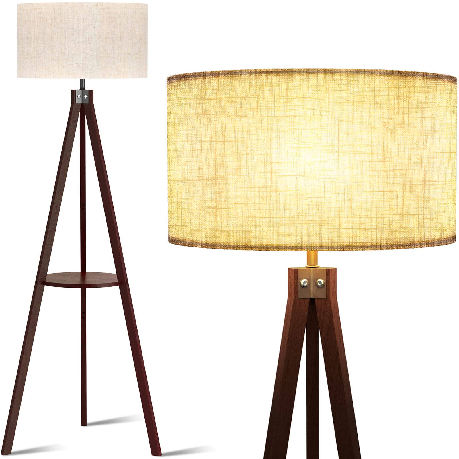 Lepower Wood Tripod Floor Lamp, Mid Century Standing Lamp, Modern Design Floor Lamp With Shelf For Living Room, Bedroom, Office,