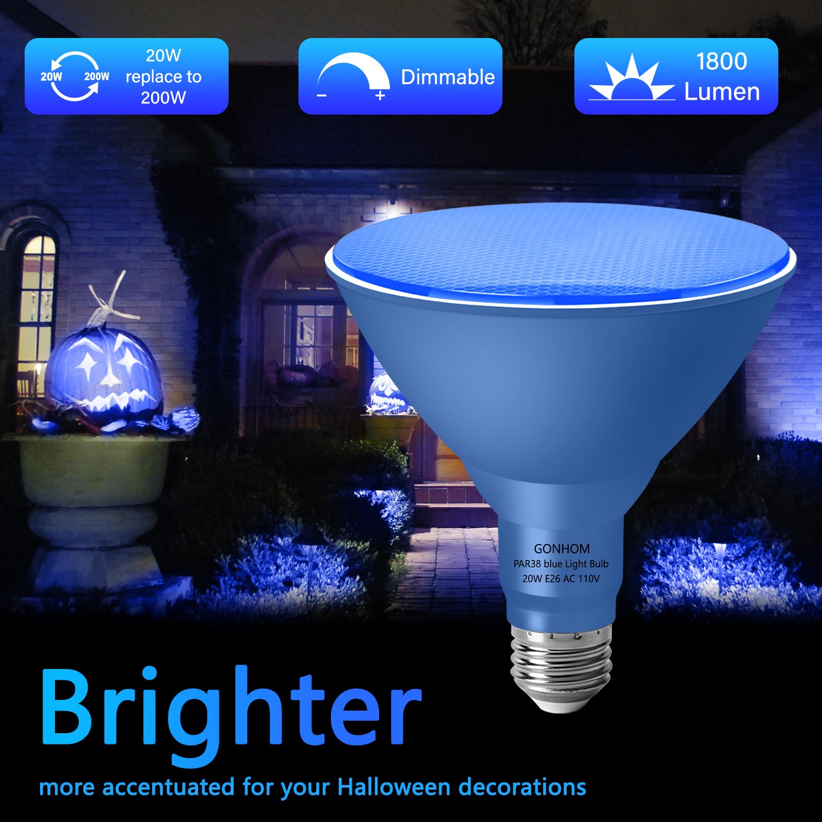 Gonhom 2 Pack Par38 Blue Led Light Bulbs, Dimmable, 20W, E26 Base, Outdoor Indoor, Christmas Lighting, 1800 Lm, Long Lifespan