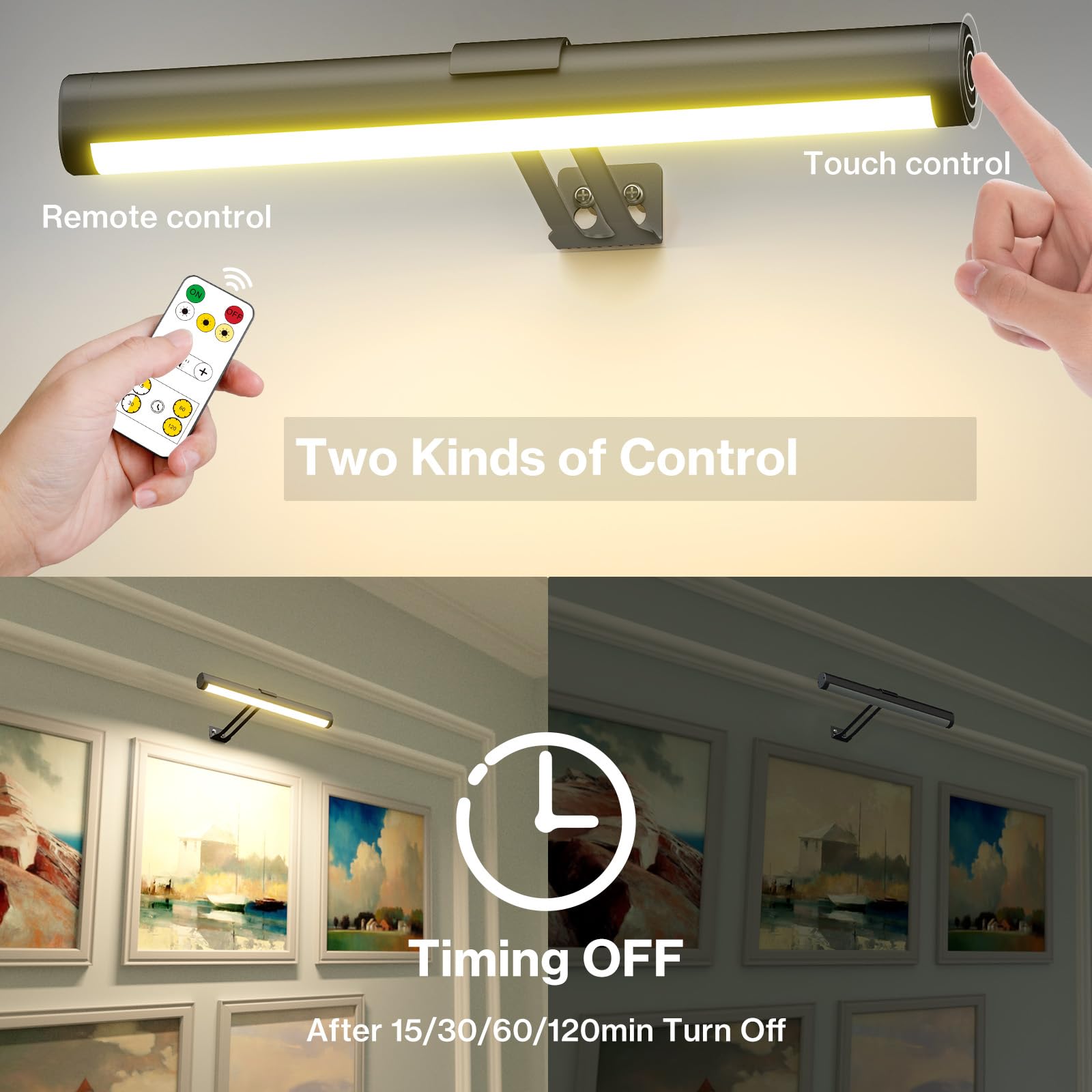 Olafus Rechargeable Picture Light, Wireless Wall Art Light, 3 Color Brightness, Remote Control, Black, Model LHA03B