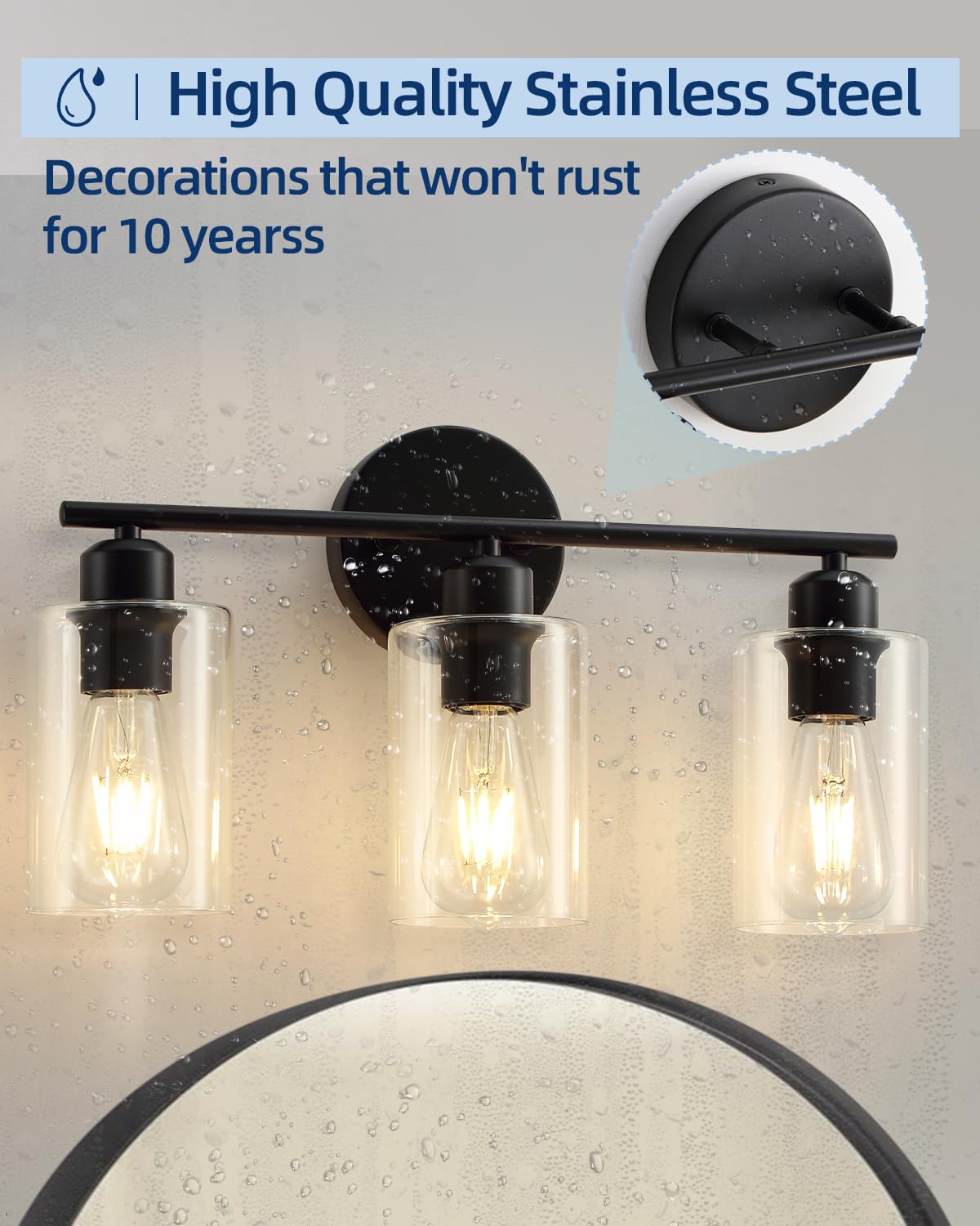 Seable 3-Light Matte Black Bathroom Vanity Light Fixtures With Glass Shade - 2 Pack