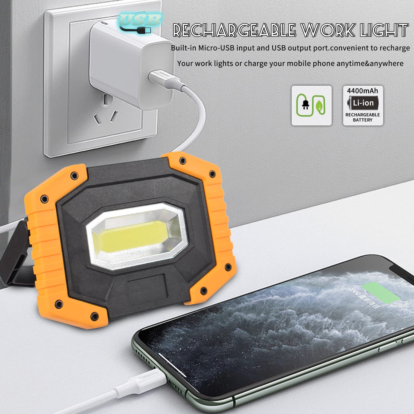 Otyty Work Light Rechargeable, Led Work Light Portable Flood Lights Magnetic Led Light For Outdoor Camping Hiking Emergency Car Repairing Job Site Lighting 2 Pack (W841 Yellow)