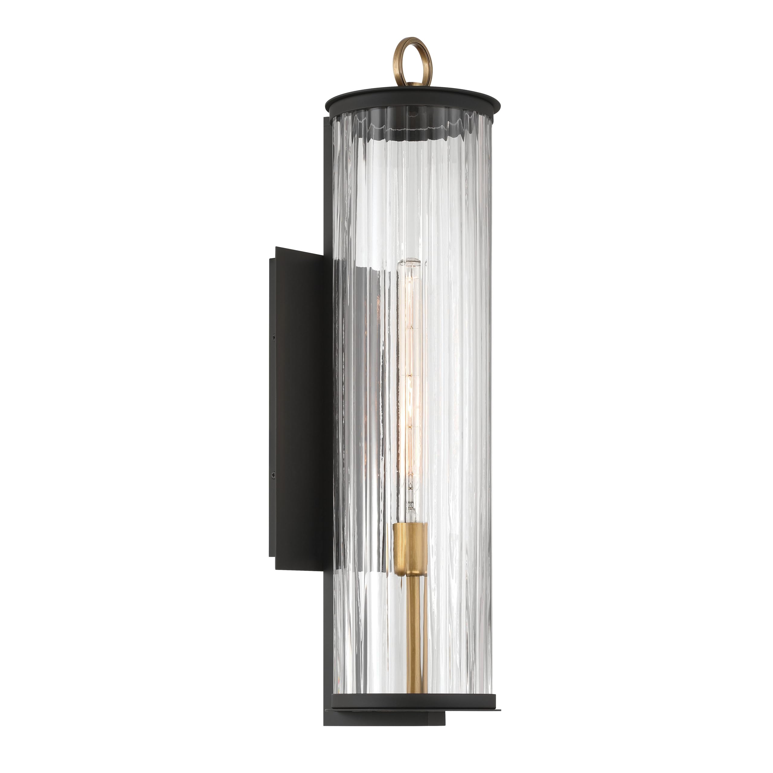 The Great Outdoors 79002-734 Cara 28 Tall Outdoor Wall Sconce - Dark Matte Black and Painted Legacy Brass with Clear Ribbed Glas