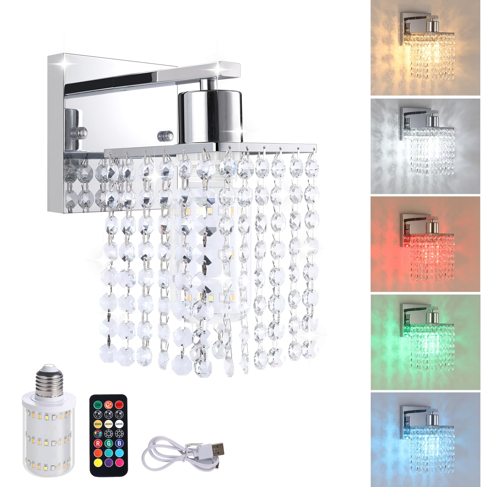 Shenmoyl Wall Sconce, Rechargeable Crystal Lamp, Dimmable Wireless Fixture, 1 Light, Clear-Silver Base, Model 1-73090-wlamp