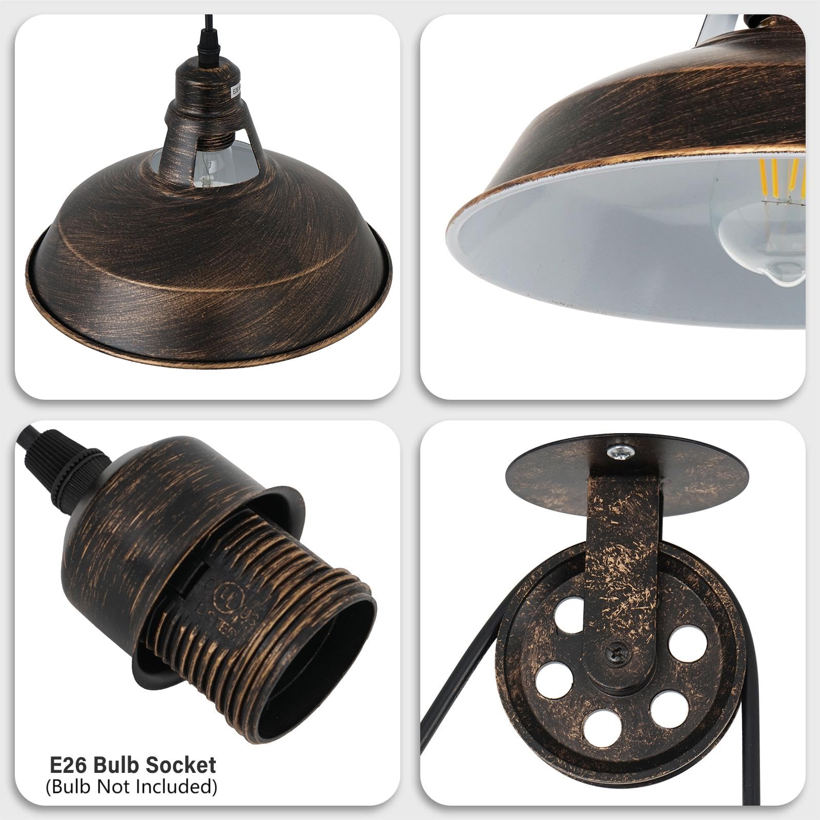 Farmhouse Brushed Bronze Plug In Pulley Barn Pendant Light With 19.4Ft Cord On/Off Switch Rustic Vintage Hanging Ceiling Lamp Fo