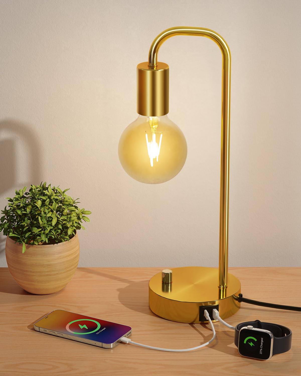 ONEWISH Industrial Table Lamp with 2 USB Port, Stepless Dimmable Nightstand Bedside Lamps for Bedroom,Desk Lamps with 2700K Gold