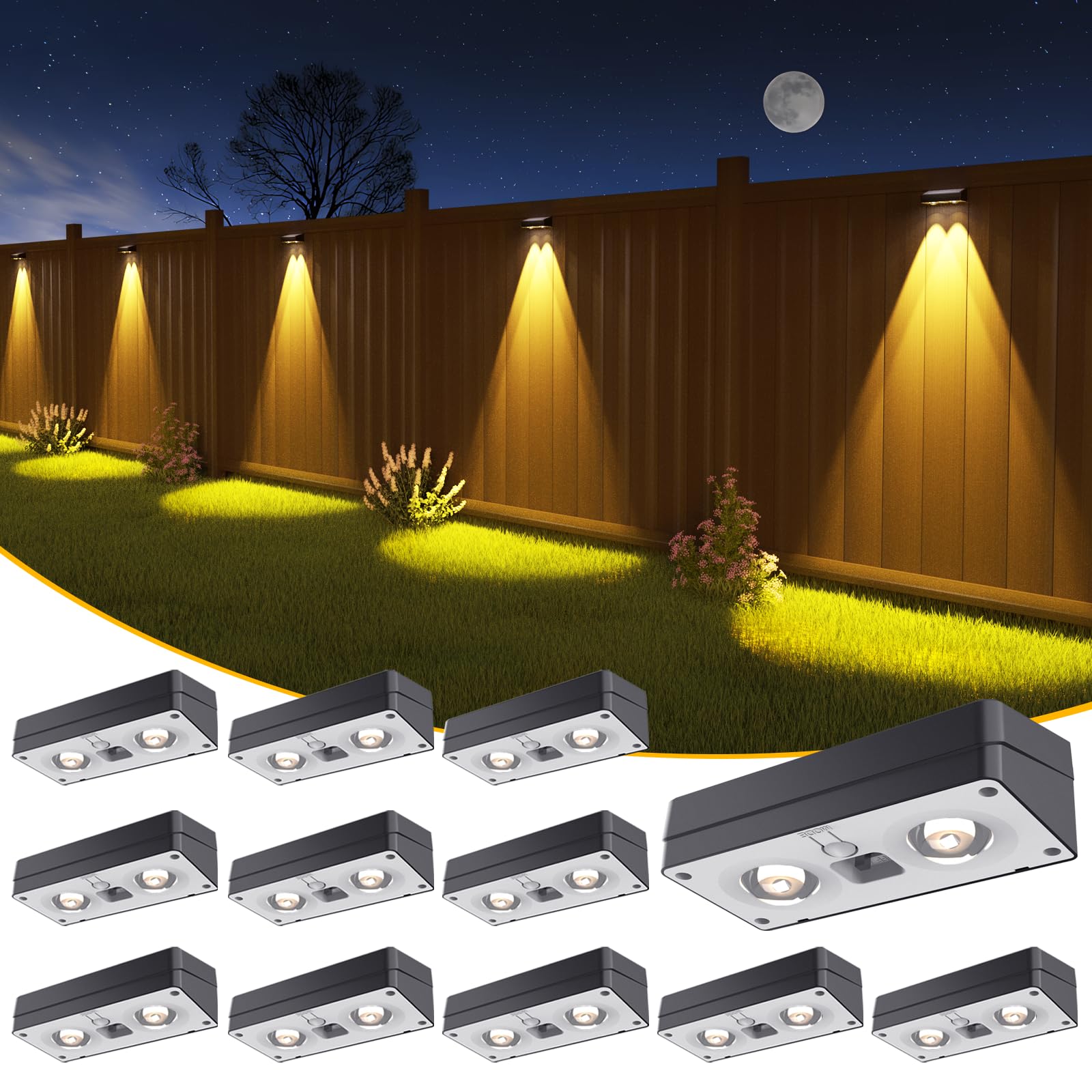 JOFIOS Solar Fence Lights 12 Pack, 50 Lumens RGB Color Glow, Waterproof LED Outdoor Lighting, Black, Model WL15